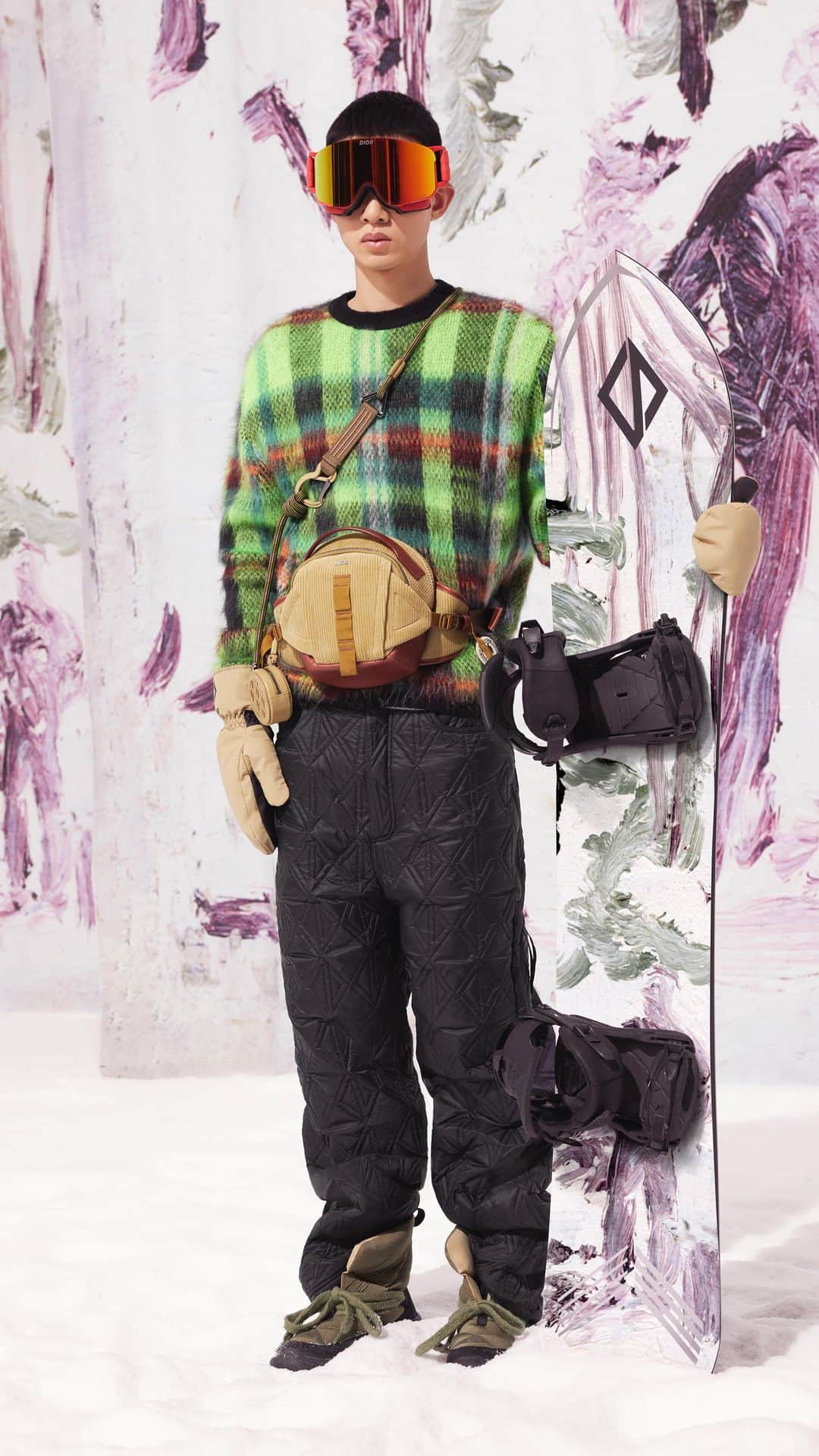 クリスチャンディオールのインスタグラム：「Take to the slopes this winter with the #DiorSki capsule from #DiorSpring24 by @MrKimJones, featuring artworks by @PeterDoig. Design and innovation converge with outdoor and hiking elements on a range of colorful gear fusing Dior's couture spirit with technical prowess, courtesy of collaborations with @Descente_International, @POCSports and @AK.SKI. Discover the full range, from a short ski parka to ski goggles and a snowboard, available in stores and on Dior.com.  © Photo: @Jackie_Nickerson Music : Clark – "Lambent Rag"」