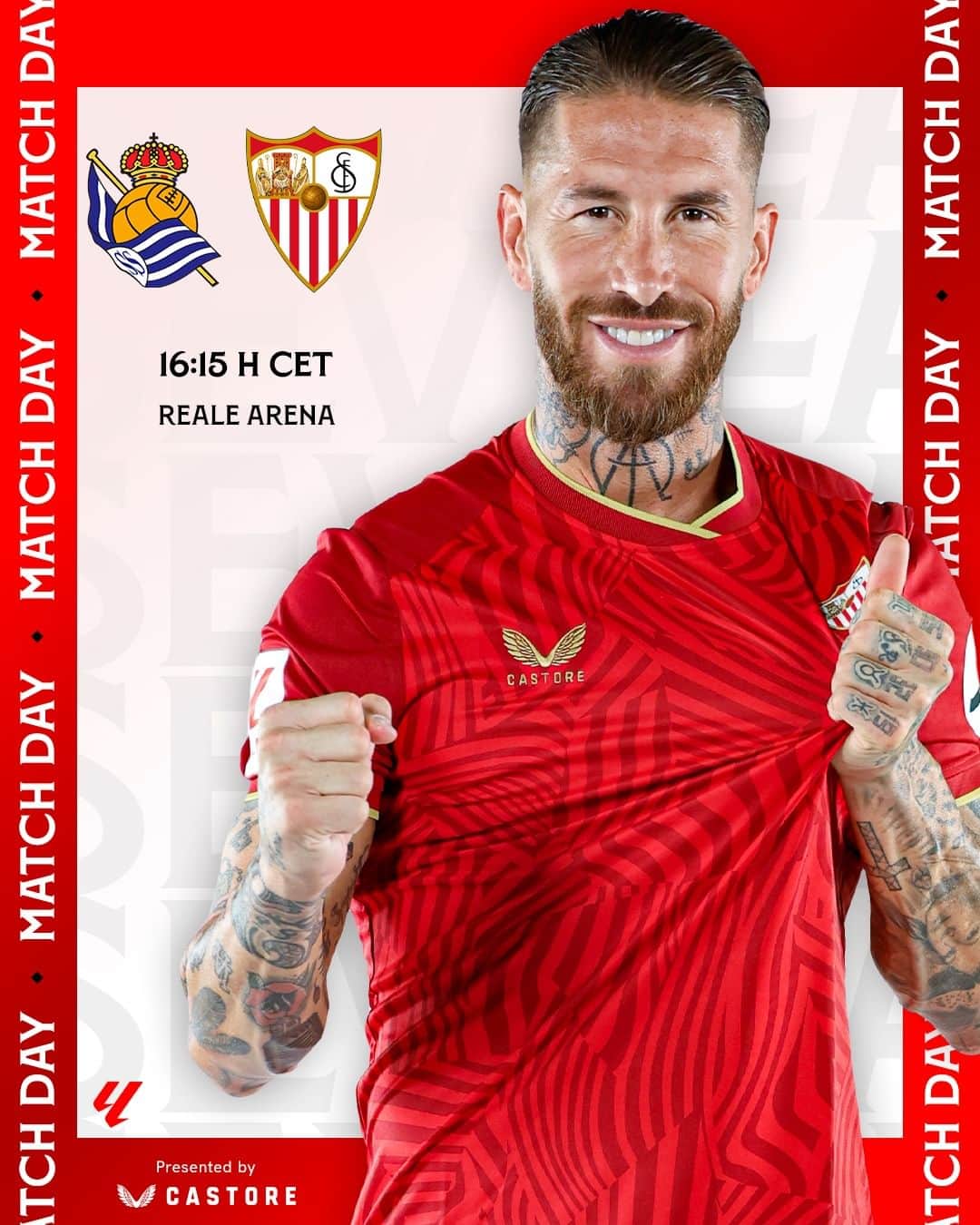 セビージャFCのインスタグラム：「🤍 𝐌𝐀𝐓𝐂𝐇𝐃𝐀𝐘 ❤️  💪 ¡Vamos, mi Sevilla!  #RealSociedadSevillaFC 🔜」