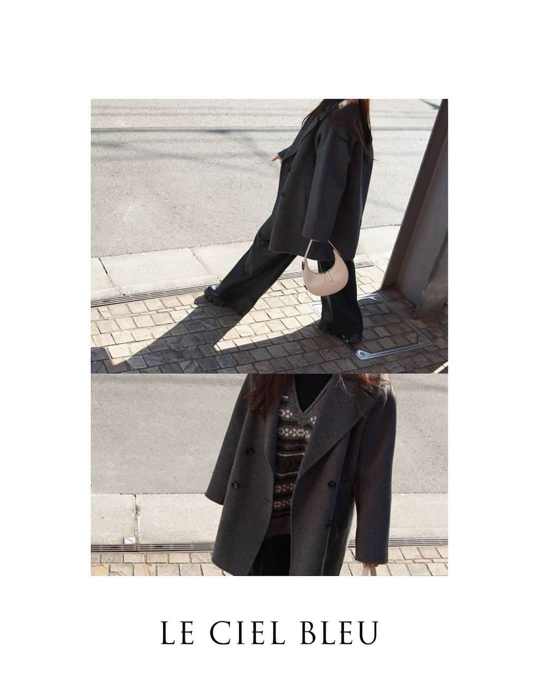 ルシェルブルーのインスタグラム：「NEW ARRIVAL >>> IN STORE NOW . . ☑︎ Deformation Jacquard Top ¥21,000+tax (Color: Gray, Off White)  ☑︎ Double Faced Short Coat ¥58,000+tax (Color: Gray, Black, Green, Camel, Navy)  ☑︎ Leather V Waist Wide Pants ¥28,000+tax (Color: Black, White)  #lecielbleu #ルシェルブルー　#aw23 #fashion #styling #jacquard #knit #doubleface #shortcoat #leather #vwaist #widepants」