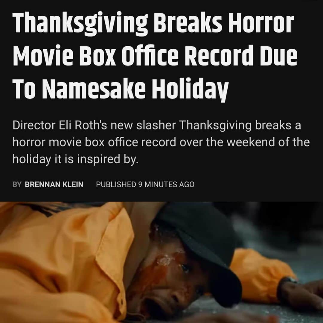 イーライ・ロスのインスタグラム：「Thank you all for championing @thanksgivingmovie. We had the best week 2 hold of any horror movie this year. Please keep up all the vocal support, it’s the only way we get to make more. People are telling me it’s the most fun they’ve had at the movies in years, maybe since they were a kid seeing slashers in the golden age. Keep up the @thanksgivingmovie buzz and if you loved it go see it again with a friend who hates horror and convert them! 🙏🏼🪓🦃」