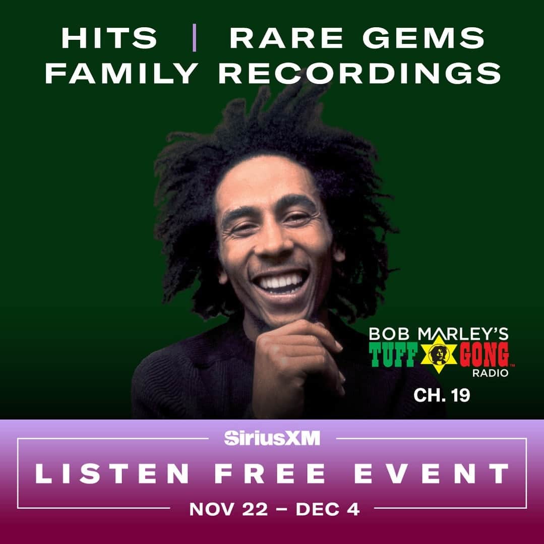 ボブ・マーリーのインスタグラム：「@siriusxm’s #ListenFree event is on NOW 📻🎶 Tune in to Bob Marley's @TuffGongRadio and more to kick off your holiday season. Just turn the radio on in your car to listen free. Happening now through December 4.  🔗 web version available at link in story.」