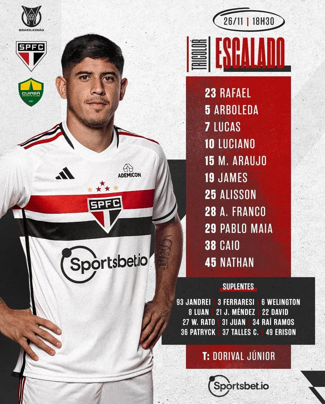 São Paulo FCさんのインスタグラム写真 - (São Paulo FCInstagram)「O Tricolor está escalado para o duelo com o Cuiabá!  A bola rola às 18h30, no Morumbi, pelo @brasileirao!  📺 Premiere 🎙 SPFC Play  #VamosSãoPaulo 🇾🇪」11月27日 5時30分 - saopaulofc