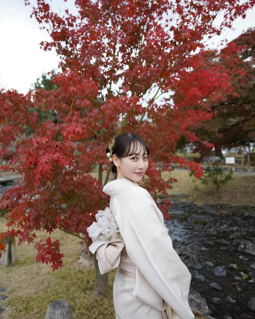 よねいはるかのインスタグラム：「紅葉の時期の京都が一番好き。 今年も来れて嬉しい。🍁👘  京都に来たからには着物を着たくて、 @rikawafuku_kyoto さんで素敵なお着物を 着付けをしてもらいました✨  今の時期の京都が一番色づいていたので おすすめです〜☺️  #梨花和服 #京都着物レンタル #京都 #京都着物 #京都紅葉 #円山公園」