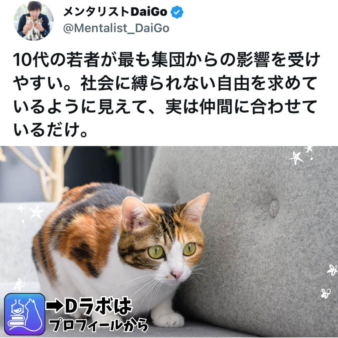 メンタリストDaiGoのインスタグラム：「🐈本日の名言📚 プロフィールからDラボもみてね  #心理学 #メンタリスト #dラボ  #dラボはプロフィールから」