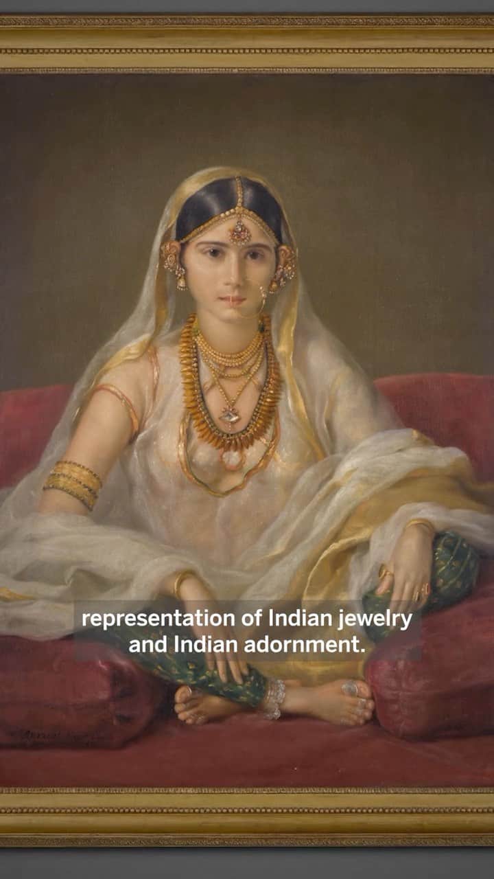 サザビーズのインスタグラム：「This jewel-toned portrait of a Mughal lady, signed and dated 1787, was painted during the short period that Francesco Renaldi based himself in Calcutta (now Kolkata) from 1786 until 1789. Only five paintings from Renaldi’s early years in Calcutta are known, including this portrait.  Some clues as to the lady’s identity are provided by way of her appearance. Her elegant clothing – gold-striped, green pyjamas, a tunic (known as a kameez) of white organza, the gauze-like quality of which is captured so successfully by the artist, and a veil with a gold-tissue border – all indicate that she was of some social standing.  This idea is corroborated by her jewelry, which is reminiscent of the very best examples that were made in Murshidabad at that time. Sotheby’s Nikita Binani and Edoardo Roberti explain further here. Watch the full video in our link in bio ahead of the Old Master & 19th-Century Paintings Evening Auction at #SothebysLondon on 6 December. #SothebysOldMasters」