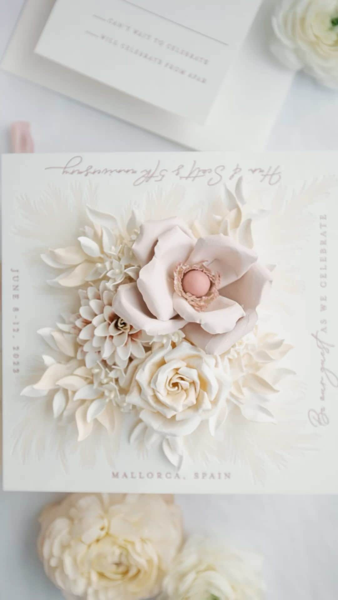 Ceci Johnsonのインスタグラム：「ANNIVERSARY | Dive into the artistry of our couture invitation designed for Han & Scott’s 5th anniversary in Mallorca, Spain. From the delicate hand-made, hand painted paper flowers to the pink flora wax seal, every detail whispers luxury and romance.  #CeciCouture   #anniversarycelebration #luxuryinvitations #loveindetails #luxuryanniversary #coutureinvitations #luxuryparty #anniversary」