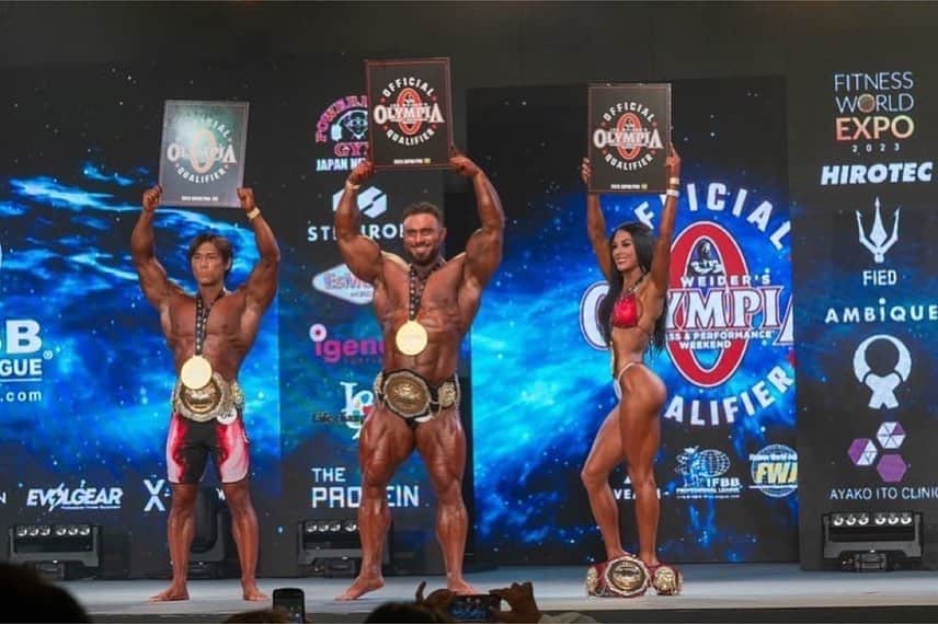 Hidetada Yamagishiのインスタグラム：「Repost from @ifbb_pro_league_japan_pro • JAPAN PRO 2023 Olympia QUALIFIER  Great win at Olympia who got the ticket These three people!  Women’s Bikini Ashley Kaltwasser @ashleykfit  Men’s Physique Jo Uezato @jo_i6w9  Bodybuilding Open Theo Leguerrier @theoleguerrier  congratulations! See you again next year.  JAPAN PRO 2023 battle of the century🔥  PPV streaming ☞https://fitnessworldtv.vhx.tv/  ～～～～～～～～～～～ #FWJ #bodybuilding #bodybuilder #fitnessmotivation #fitness #olympia #fit #gymmotivation #gym #workout #training」