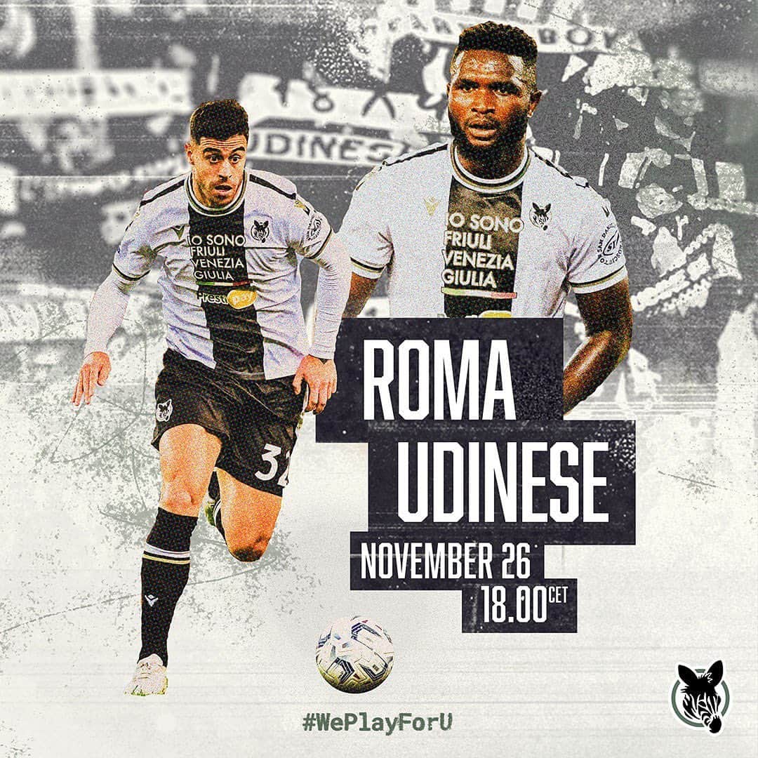 ウディネーゼ・カルチョのインスタグラム：「MATCHDAY 🙌  🗓️ domenica 26 novembre 2023  ⏰ 18:00 CEST 🏟️ Stadio Olimpico Roma  🏆#SerieATIM 📲 #RomaUdinese  📺 @dazn_it   We Play For U!   ⚪️⚫️ #ForzaUdinese #AlèUdin #Udinese」