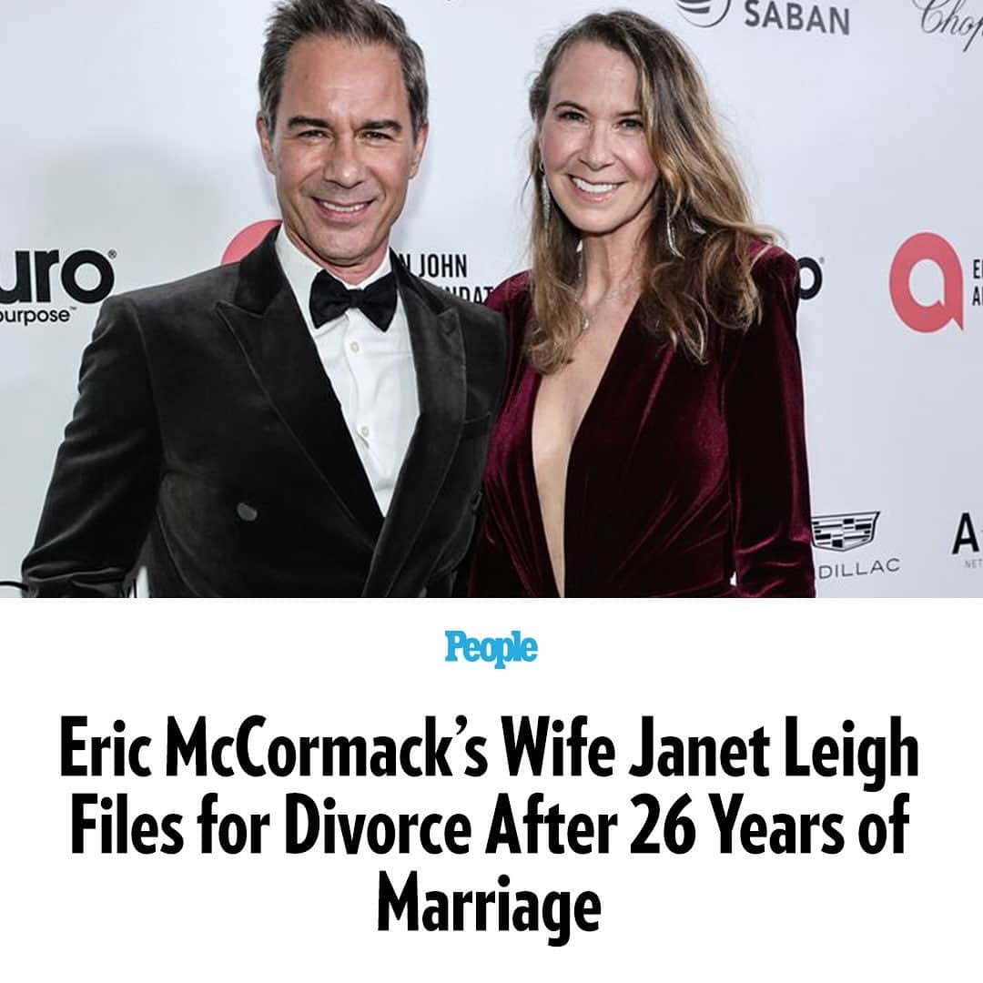 People Magazineのインスタグラム：「Eric McCormack and Janet Leigh Holden McCormack are calling it quits.  The Will and Grace star, 60, and the director are divorcing after more than 26 years of marriage, according to court documents obtained by PEOPLE.  Janet, who filed for divorce citing "irreconcilable differences," is seeking spousal support and is requesting the court end Eric's ability to receive spousal support. Tap the link in bio for the full story. 📷: Getty Images」