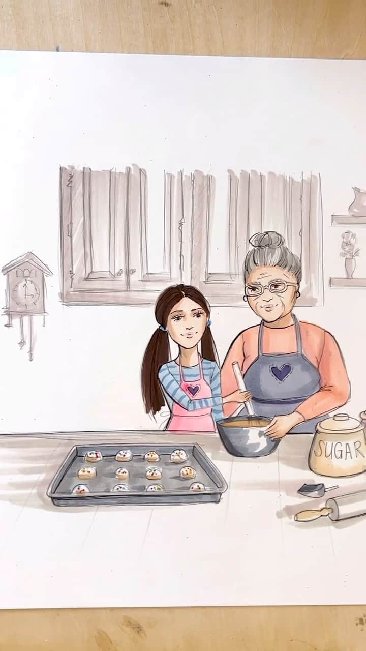 Holly Nicholsのインスタグラム：「Baking with grandma ☺️ prints and multiple color options are available at Hnillustration.Etsy.com #fashionillustration #copic #copicmarkers #illustration #asmr #christmascookies #christmasbaking #baking」