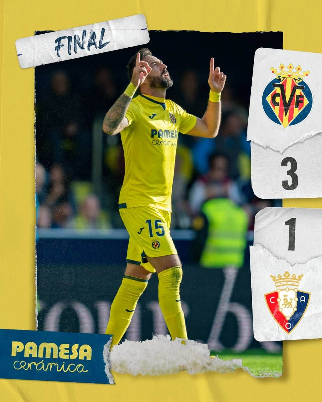 ビジャレアルCFのインスタグラム：「El Villarreal derrota al @caosasuna (3-1) y vuelve a la senda del triunfo en el Estadio de la Cerámica gracias a un impresionante ‘hat-trick’ de @morales19jose.  ¡VAMOOOOOOOOOOS! ENDAVANT 💛!  #VillarrealOsasuna」