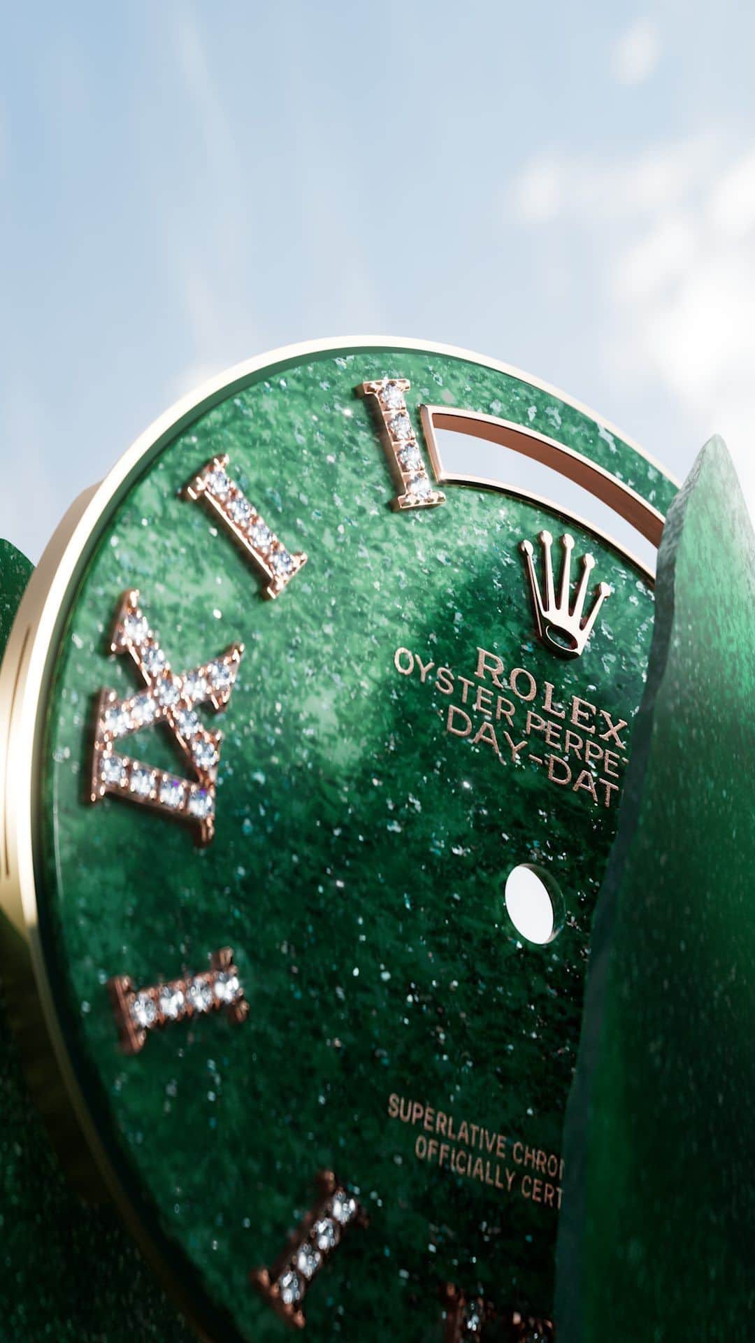 rolexのインスタグラム：「A dial crafted from green aventurine, a decorative stone with a finely crystallized surface. Cut from a block of raw material, only the stone discs whose colour and structure fully satisfy Rolex’s exacting aesthetic requirements are selected. Using expert skills – from selecting, to polishing and setting – the finest workmanship has been applied to create an exclusive dial that will grace the face of a Day-Date 36, conferring it with a unique personality. #Rolex #DayDate #Perpetual」