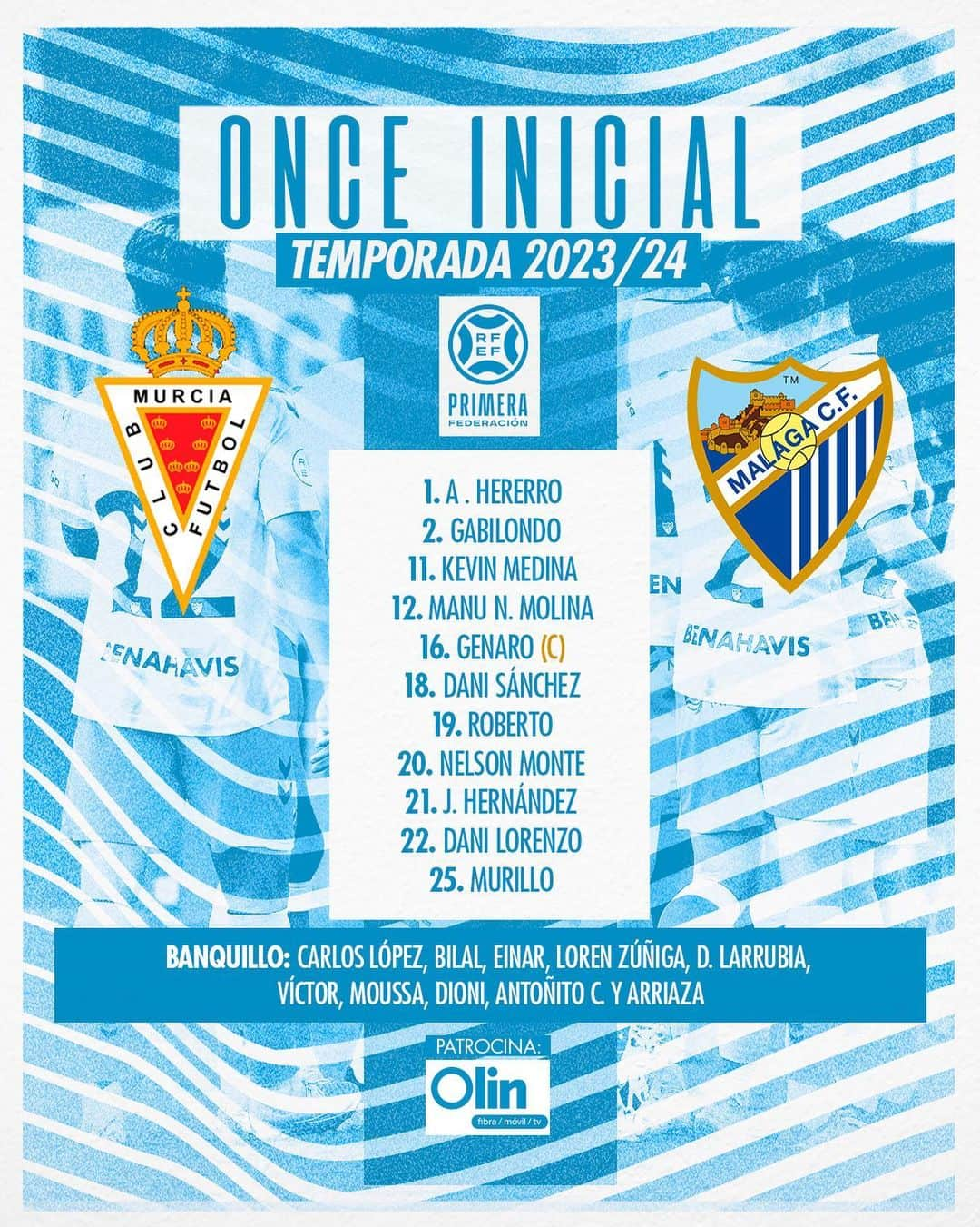 マラガCFのインスタグラム：「1⃣1⃣ ¡Nuestro 𝙤𝙣𝙘𝙚 para medirnos al @realmurciacf_oficial en el Estadio Enrique Roca - Nueva Condomina! 💪  ¡Vamos, Málaga! 💙  #RealMurciaMálaga | @olin.oficial」