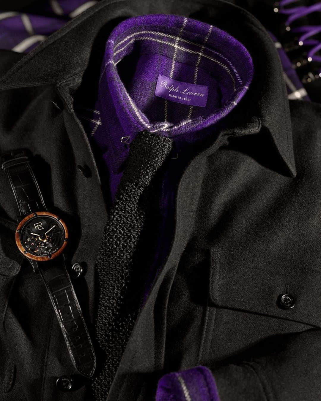 Ralph Laurenのインスタグラム：「Elements of the #RLPurpleLabel wardrobe.  Iconic plaids, Swiss-made timepieces, and sportswear made with the finest fabrics: #RalphLauren presents a refined mix of Purple Label silhouettes this holiday.  Discover the Wool Flannel Shirt Jacket, Plaid Cashmere Twill Shirt, and more from #RLHoliday via the link in bio.  #RLGifts」