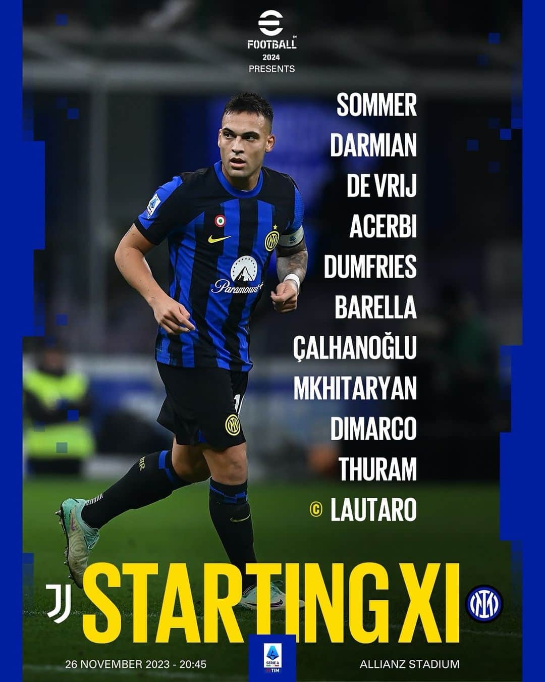 のインスタグラム：「Our Starting XI for #JuventusInter 💪  #Inter #ForzaInter」