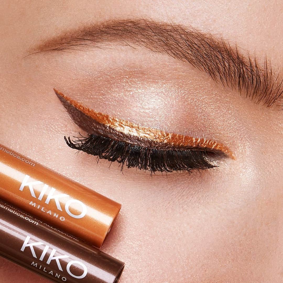 KIKO MILANOのインスタグラム：「Can't decide between light copper or dark bronze eyeliner? 🤩 Why not use both to create a dazzling #eyelook that will leave everyone speechless! Achieve this stunning effect with our New Super Colour Waterproof Eyeliner ✨ ⁣ ⁣ #KIKOEyes #eyeliner #eyelinerlook #liquideyeliner #graphicliner⁣ ⁣ New Super Colour Waterproof Eyeliner 03, 08 - High Pigment Eyeshadow 02 - New False Eyelashes Neutral Effect - Precision Eyebrow Pencil 05 - New Volumeyes＋ Mascara⁣」