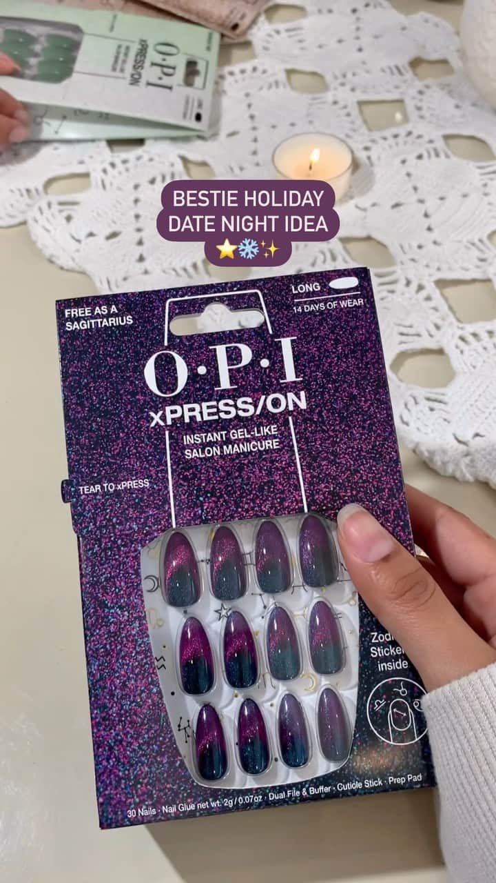 OPIのインスタグラム：「Tag your bestie 👯  The perfect night in activity for all our Sag babes. ♐️ Point your arrows to OPI xPRESS/ON in Free as a Sagittarius. 🏹 💜  #OPI #OPIObsessed #OPIBigZodiacEnergy #OPIxPRESSION #PressOnNails」