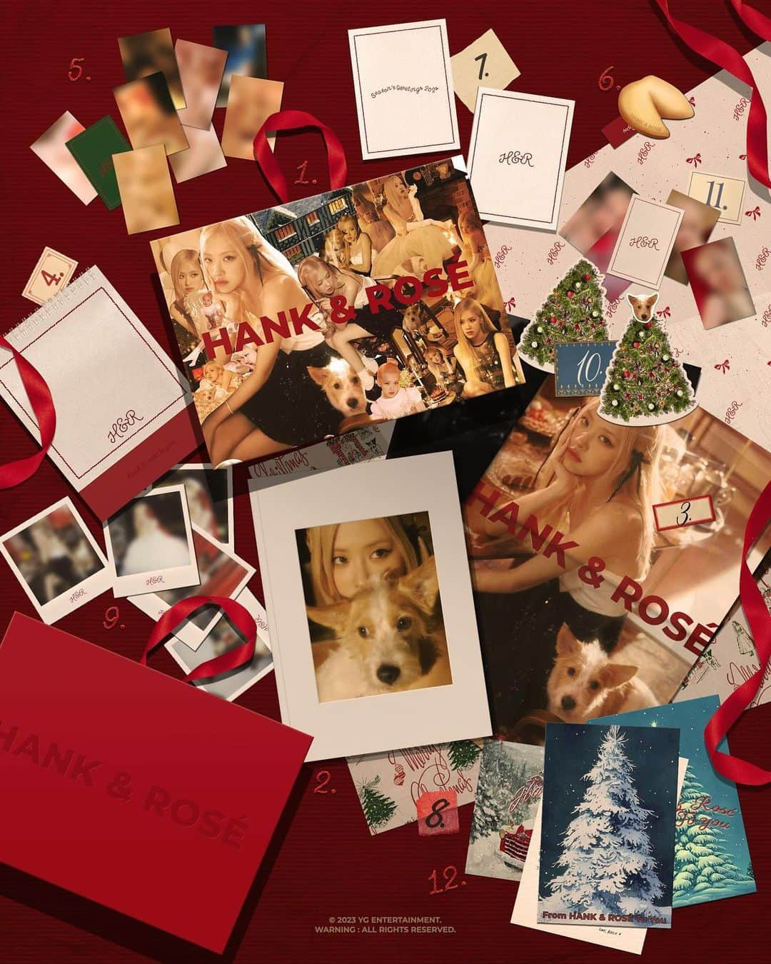 BLACKPINKさんのインスタグラム写真 - (BLACKPINKInstagram)「'Season's Greetings: From HANK & ROSÉ To You [2024]' Package Image🐾🎄  == -Release: 2023.12.08 -Pre-Order: 2023.11.03 - 12.07  Season's Greetings includes: - Box Sleeve - Package Box - Photobook (133p) - Desk Calendar (1ea/2023.12~2024.12) - Mini Note (40p) - H&R Magazine: Christmas Edition (8p) - Random Photocard (2 of 8) - Random Selfie Photocard (1 of 4) - Random Polaroid (2 of 5) - Random Fortune Cookie Card (1 of 7) - Christmas Postcard Set (3ea) - Christmas Tree Paper Stand (1ea/3piece) - Wrapping Paper (2ea) - Tag Video (1ea)  == 'Season’s Greetings: From HANK & ROSÉ To You [2024]'의 수익금 중 일부는 유기 동물들이 건강하고 따뜻한 겨울을 보낼 수 있도록 보호센터에 기부됩니다.  A part of the proceeds of ’Season’s Greetings: From HANK & ROSÉ To You [2024]’ will be donated to animal shelters to help animals in need and ensure they spend a healthy, warm winter.  == #ROSÉ #로제 #BLACKPINK #블랙핑크 #Seasons_Greetings #fromHANKandROSÉtoyou #2024 #Release #231208 #YG」11月27日 16時00分 - blackpinkofficial