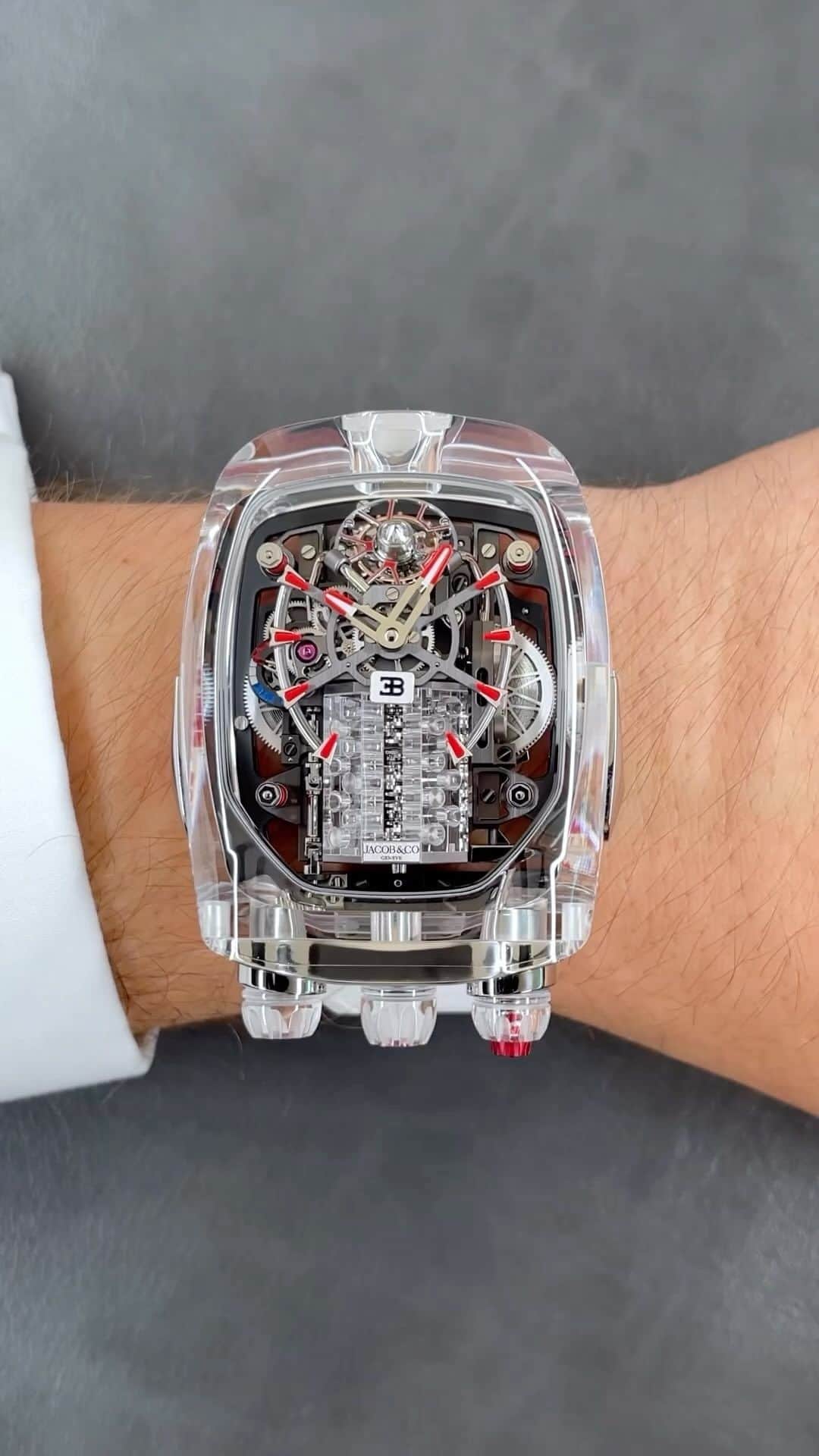 Daily Watchのインスタグラム：「The $1.3 million @Jacobandco Bugatti Chiron Sapphire Crystal. Presented in full sapphire crystal case with anti-reflective coating. Measuring 57.8mm in length, 44.4mm in width and 21.5mm in height. Limited edition of 7 pieces 🔥 #jacobandco」