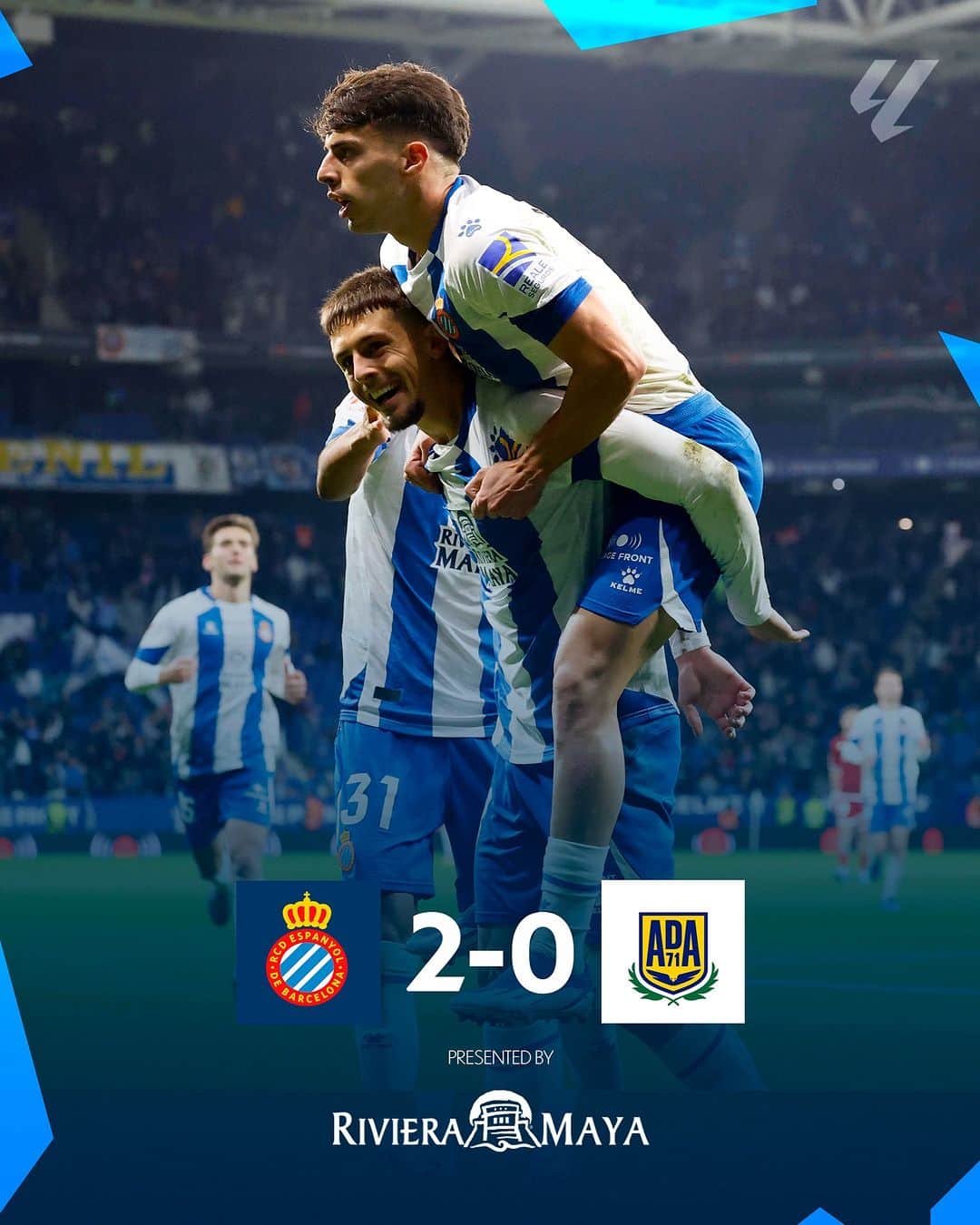 RCDエスパニョールのインスタグラム：「🪖 Segona victòria consecutiva i a casa nostra.  🫶🏻 Gràcies, afició!  #EspanyolAlcorcón #RCDE」