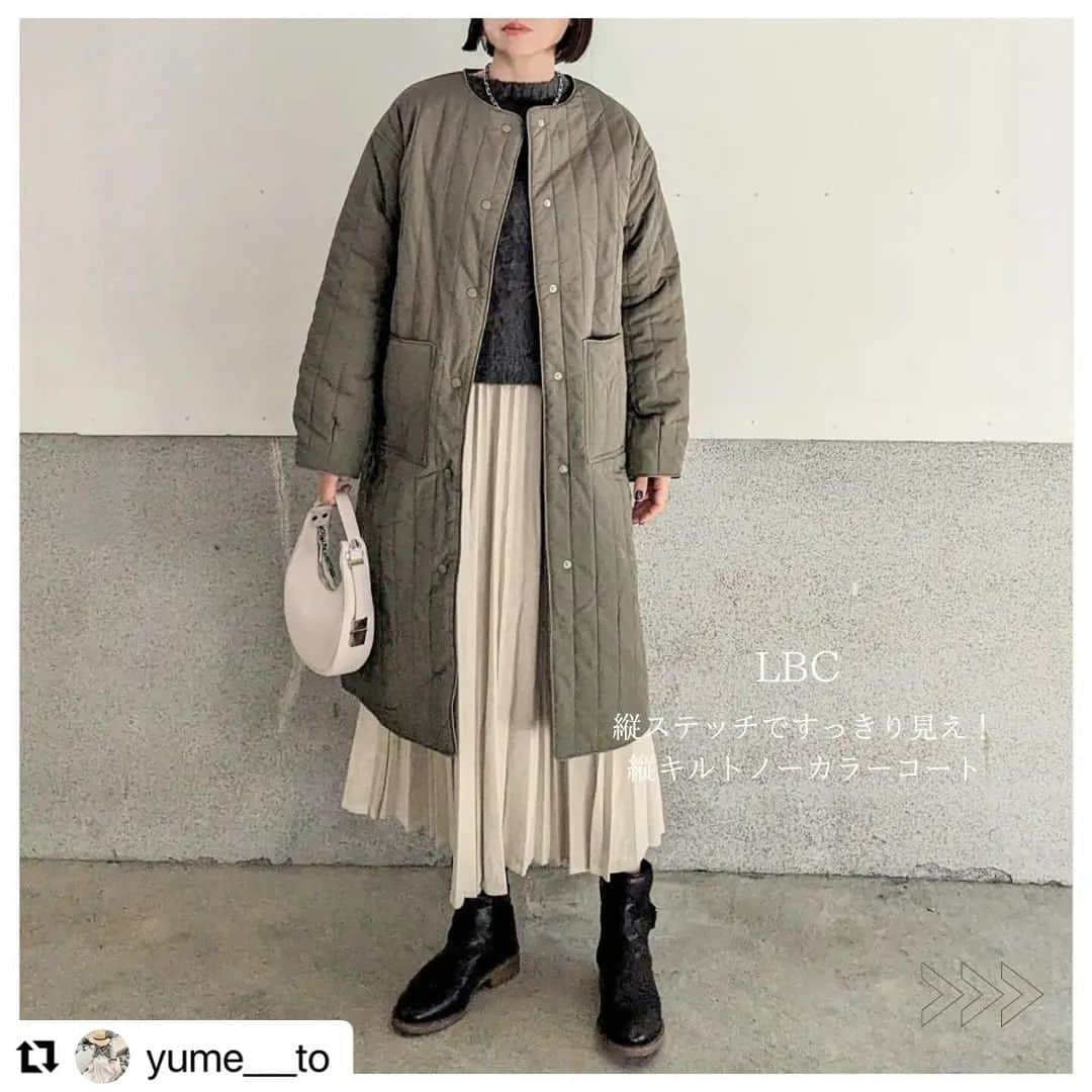 lbcmarketのインスタグラム：「@yume___to さん❤️素敵な投稿ありがとうございます🥰  #Repost @yume___to with @use.repost ・・・ ·⁡ ⁡⁡ ·⁡ ⁡縦ラインを強調したデザインのキルトコートって珍しい♡⁡ ⁡  @lbc_official_ ✔️縦キルトノーカラーコート ￥9,229(税込) →500円OFFクーポン￥8,729(税込)⁡ ⁡⁡ ⁡  光沢感の少ない素材で落ち着いた雰囲気‪🫶🏻‪ 首周りはノーカラーでタートルネックや マフラーも楽しみやすいです🧣♡⁡ 腰付近にあるポケット位置で ロングコートでも重く見えない嬉しいデザイン🥹  軽くて暖かい冬大活躍間違いなしアウター☃  ⁡ ⁡ クーポンでお得な機会に是非ZOZOTOWN⁡ ⁡@lbc_official_  さんでチェックしてみてくださいね🛍⁡⁡ ⁡⁡ ⁡⁡⁡ ⁡ ⁡🏷ダークオリーブMサイズ着用です。 ⁡⁡ ⁡⁡·⁡ ⁡⁡ ⁡⁡·⁡ ⁡⁡ ⁡#PR  #lbc  #エルビーシー  #zozotown  #キルトコート  #冬アウター  #コート  #きれいめカジュアル  #ファッションコーデ #きょコ  #今日のファッション  #ママコーデ  #レディースファッション  #大人ファッション」