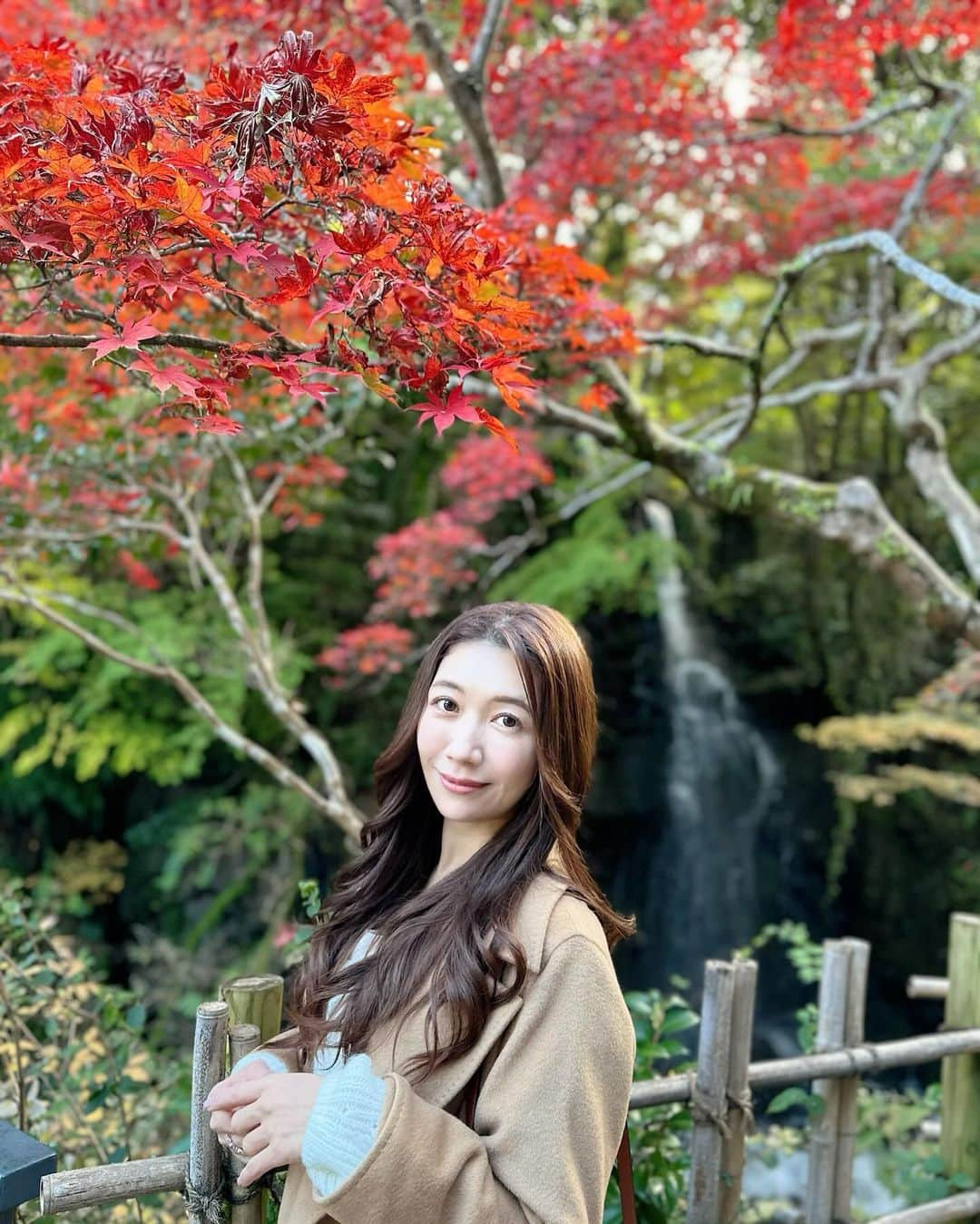 穂川果音のインスタグラム：「どうも紅葉リサーチャーです🍁笑笑 11月25日時点での湯河原の万葉公園での紅葉の様子！ まだ緑色の葉っぱも多いけど、綺麗な赤色に色づいているところもあって、見頃はもう少し後かなぁという印象ですが、長い期間紅葉が楽しめそうでした〜✨  万葉公園は初めて行ったんだけど、滝があったり足湯やテラスもあったりお散歩がとても楽しめる施設で良かったよ〜😊  #国内旅行 #湯河原　#湯河原観光 #japantravel #紅葉　#autumnleaves #yugawara」