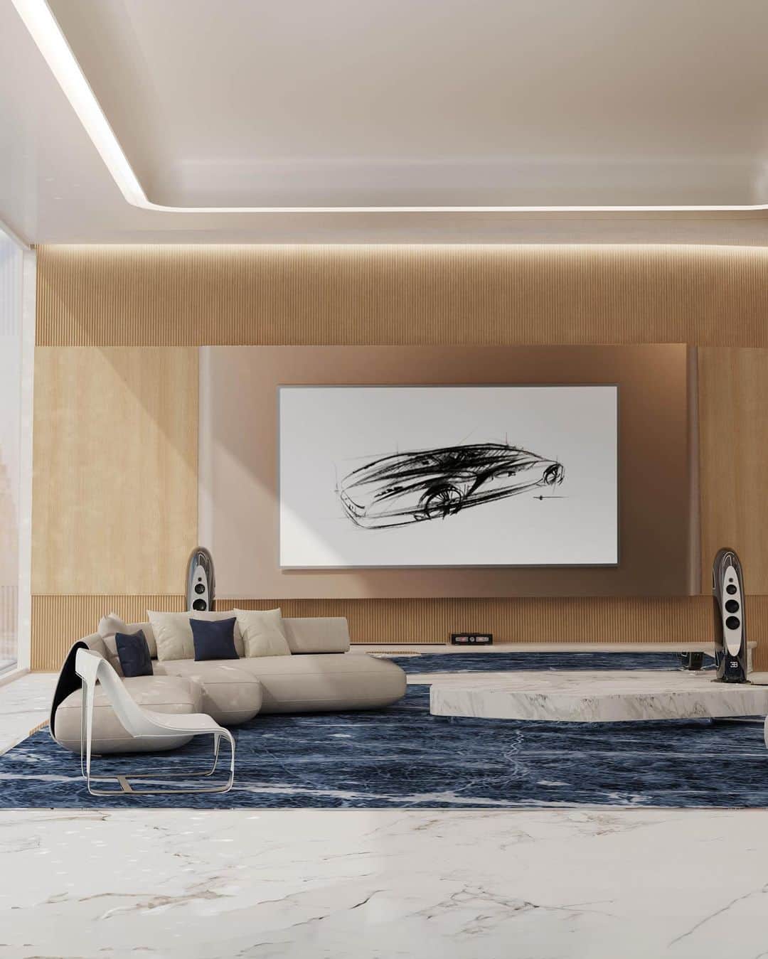 ブガッティのインスタグラム：「Exuding a level of sophistication and refinement that captures the essence of interior excellence, the design of the @BUGATTIResidences living space is immersed in exquisite details and materials.   Collaborating with BUGATTI furniture partner @LuxuryLivingGroup, the BUGATTI Residences will be equipped with timeless furniture pieces, encompassing technology and elegance.  In partnership with @TIDAL.Audio, known worldwide for its state-of-the-art high-end audio, the BUGATTI Residences deliver sensory-rich, immersive listening experience.  The Sky Mansion Penthouses offer a private retreat in the heart of a modern metropolis, including nine exclusive private car lifts that allows residences the opportunity of parking their BUGATTI hyper sports car within their very own private penthouse.  #BUGATTI #BUGATTIResidences #BUGATTIArtDeVivre #LuxuryLivingGroup #TIDALAudio – WLTP: bugatti.link/consumption」