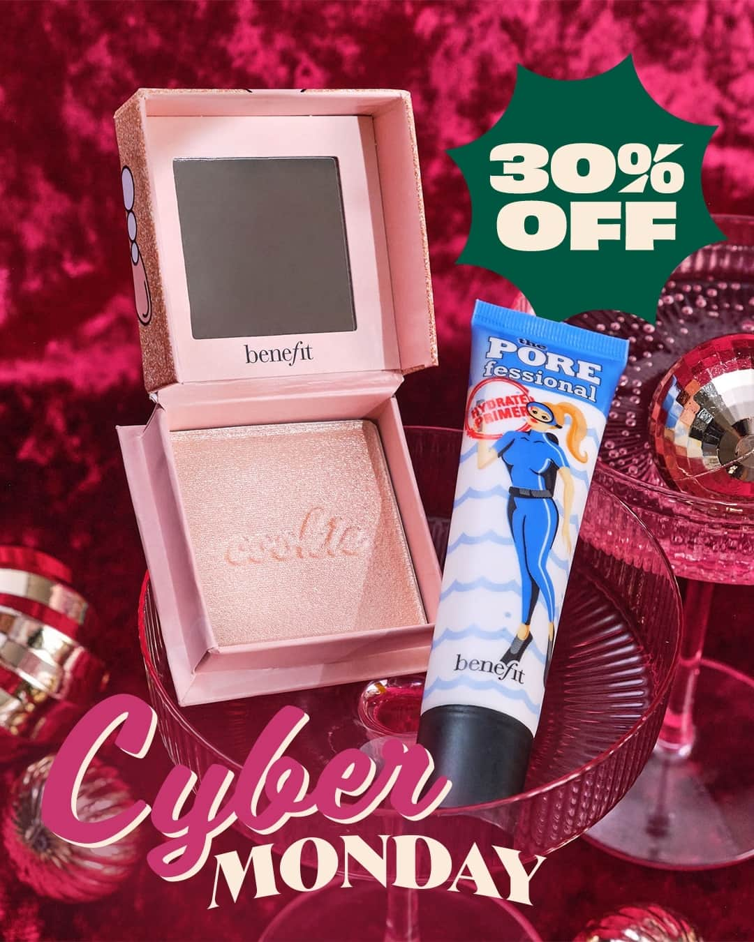 Benefit Cosmeticsのインスタグラム：「Best day ever because Cyber Monday has arrived 🥳🛍️ Fill up on beauty essentials with 30% OFF today & shop them here on IG or at @ultabeauty @sephora @macys @nordstrombeauty ⁠🩷⁠ ⁠ *exclusions may apply⁠ ⁠ #benefitcosmetics #cybermonday #haulidays #deals ⁠」