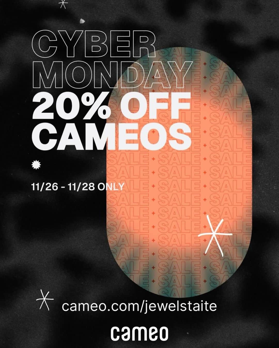 ジュエル・ステイトのインスタグラム：「Cyber Monday cameos at 20% off today 😘 Web only!  @cameo  cameo.com/jewelstaite」