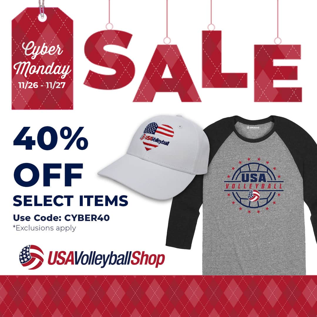 USA Volleyballのインスタグラム：「Cyber Monday deals are up! Select items are 40% off, use code 𝗖𝗬𝗕𝗘𝗥𝟰𝟬 at checkout.  Shop now, 🔗 in bio.」