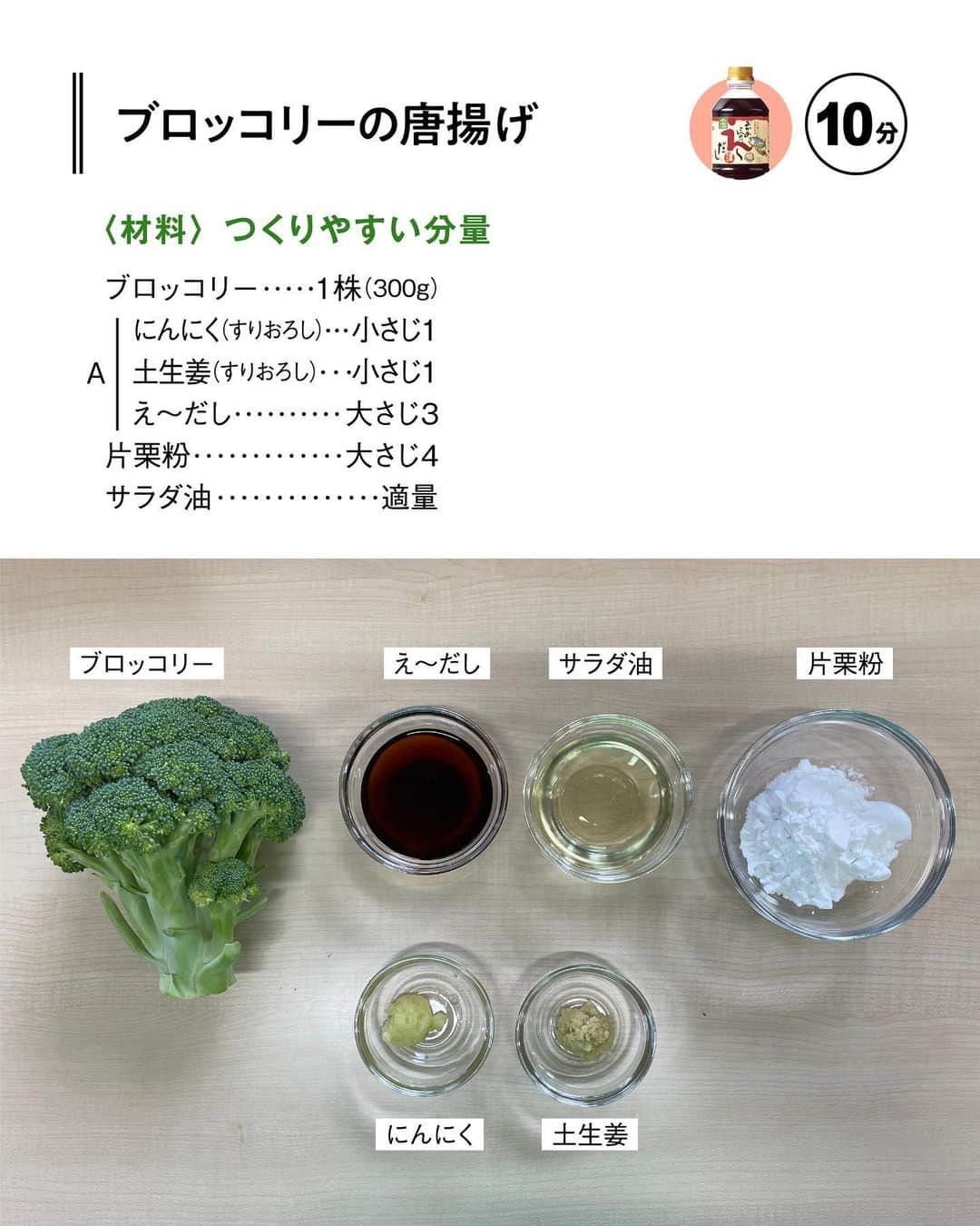 べんりで酢のトキワさんのインスタグラム写真 - (べんりで酢のトキワInstagram)「≪#レシピ付き ≫「作ってみたい！」と思ったら「👍🏻」ってコメントください😁  子ども👦🏻👧🏻もパクパク！手が止まらない ＼ブロッコリーのやみつき唐揚げ／  食材はブロッコリー1つ！🥦  え～だしで味付けしたブロッコリーの唐揚げはやみつきになること間違いなし！手が止まりません…🤤🤏🏻  おかずはもちろん、お酒の肴にもぴったりです🍺🍶 ‌  このレシピ「ブロッコリーの一番おいしい食べ方はこのレシピなのでは！？」とインスタチームで大変盛り上がるほど🗣️🔥  ぜひお試しください😋  ◆ブロッコリーの唐揚げ◆ 調理時間：10分(漬け時間含まず) ≪材料≫(作りやすい分量) ブロッコリー・・・1株(300g) にんにく(すりおろし)・・・小さじ1 土生姜(すりおろし)・・・小さじ1 え～だし・・・大さじ3 片栗粉・・・大さじ4 サラダ油・・・適量  ≪作り方≫ ①ブロッコリーはよく洗い、一口大に切り分けます。 ②ポリ袋に1とAを入れて揉みこみ、20分程度おき味をなじませます。 ③2の水気を切り片栗粉をまぶし、フライパンに1cm程度のサラダ油を熱し中火(180℃)で、揚げ焼きにします。  ‌  #おうちごはん #簡単レシピ #時短料理 #時短レシピ #簡単料理 #こどもごはん #簡単おつまみ #晩酌メニュー #旬レシピ #旬の食材レシピ #万能調味料 #トキワ #べんりで酢  #えーだし #えーだしレシピ #めんつゆ #だし醤油 #ブロッコリーレシピ #唐揚げ #唐揚げレシピ #ブロッコリーの唐揚げ」11月27日 17時05分 - tokiwa_official_tajima