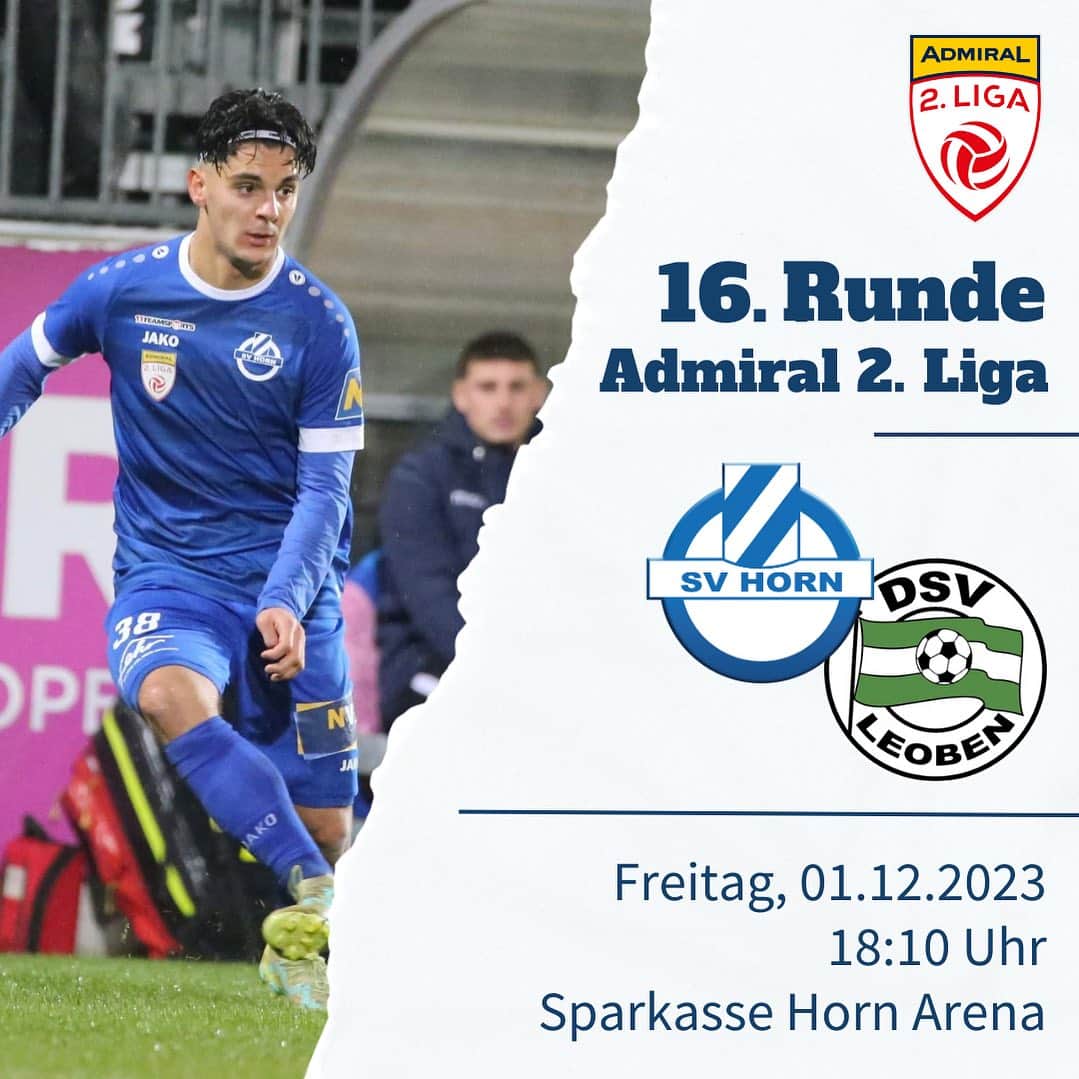 SVホルンのインスタグラム：「Letztes Heimduell vor der Winterpause⏳  Das erste vorgezogene Rückspiel der Saison 2023/24 steht an. Wir treffen zu Hause auf den DSV Leoben. Stärkt unserer Mannschaft von der Tribüne aus den Rücken und kommt ins Stadion.💪🏼  🗓️ Freitag, 04.12.2023 🕕 18:10 Uhr 🆚 DSV Leoben 🏟️ Sparkasse Horn Arena   Be part of it.🫶🏼   #weitergehts #admiralzweiteliga #weitergehts #svh #letsgo #greifenan #wirschaffendas #zusammenhalten #kommtinsstadion #heimspiel #svhornfamilie #leidenschaftfussball #sportlandnoe #bepartofit」