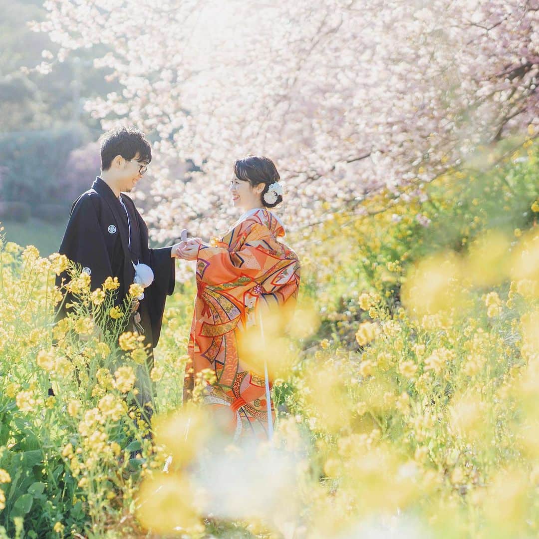 スタジオアクア富士店 のインスタグラム：「. . . 桜と菜の花に囲まれながらのプロポーズショット✨ . . . 照れくさそうに指輪ケース差し出すご新郎様と、思わず笑っちゃうご新婦様、こんなにも優しい雰囲気でお写真を撮れるのも、春の前撮りの良いところ☺️ . . . ＃撮る結婚式 @studioaqua_fuji @studioaqua_omiya  @studioaqua.shinjuku  @studioaqua_shibuya  @studioaqua_yokohama  @studioaqua_tachikawa229  @studioaqua_asakusa  @studiosola_hokkaido @decollte_wedding @decollte_weddingphoto @d_weddingphoto_jp #河津桜 #和装前撮り #洋装前撮り  #菜の花畑 #海前撮り #ロケーションフォトウェディング  #ブライダルフォト ＃前撮り #ウェディング ＃花嫁diy #プレ花嫁 #結婚式準備 #結婚写真 #チェリフォト #preweddingphoto #2023冬婚  #2024春婚  #カップルフォト倶楽部 #何気ない瞬間を残したい #ナチュラルウェディング #mywedding #カップルフォト #結婚」