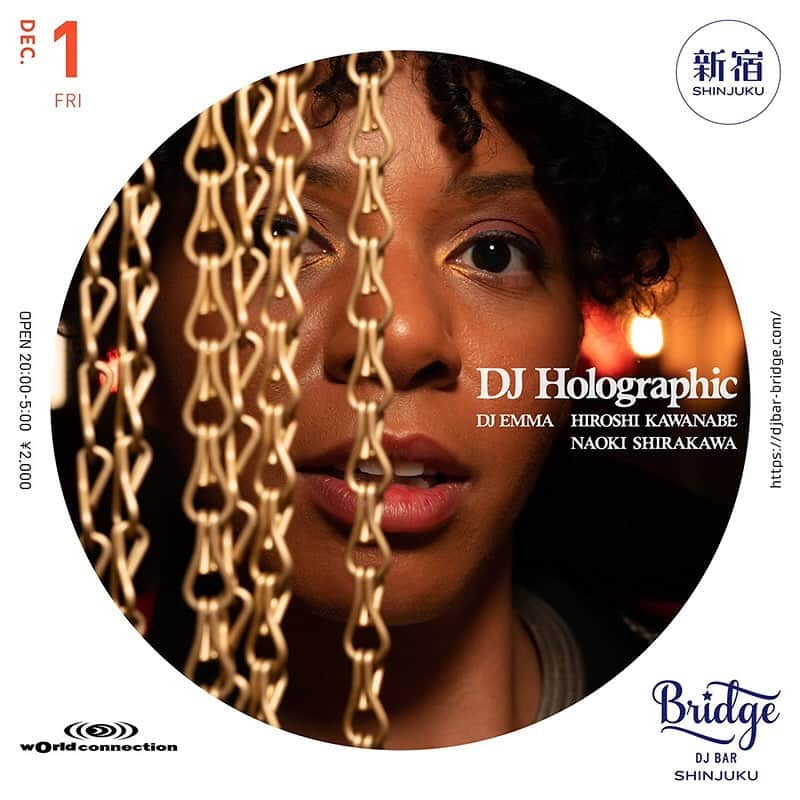 川辺ヒロシのインスタグラム：「12月1日 (金) DJ BAR BRIDGE新宿 デトロイトからDJ Holographic来日です。 DJ EMMAと共にDJです。是非〜」