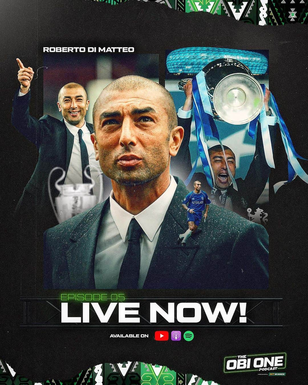 ミケル・ジョン・オビのインスタグラム：「📣 EPISODE 5 IS OUT NOW!   Roberto Di Matteo will always be the man who led @chelseafc to their first ever @championsleague triumph 🏆, and he’s the latest guest on the pod.  A real treat this as the Italian, once upon a time Chelsea’s record signing, talks:  💥 THAT win over Bayern 🤯 Outwitting Pep Guardiola 😢 Gianluca Vialli’s OCD habits 🏴󠁧󠁢󠁥󠁮󠁧󠁿 Gazza’s legendary pranks  Available to listen/watch now. 🔥 Subscribe to the @obionepodcast on all your usual platforms, including our YouTube channel. Link in our bio. ⬆️  🙏🏻 Made possible by @betwinnerng   @mikel_john_obi @chrismchardy19 #chelsea #cfc #mikel #dimatteo #ucl #legend #podcast #interview」