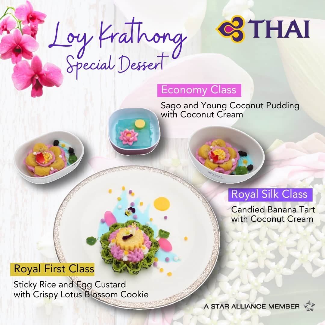 タイ航空のインスタグラム：「✨ Celebrate Loy Krathong Day, November 27, 2023, in sweet style with Thai Airways! ✨ We’ve curated delightful desserts for passengers on international flights departing from Bangkok (excluding flights with breakfast service and those to India) on this special day. 🌏✈️ Illuminate your taste buds in the magic of Loy Krathong with us! 🎉🍨  👑 Royal First Class: Indulge in the opulence of Sticky Rice and Egg Custard, paired with the delicate crunch of a Crispy Lotus Blossom Cookie—an exquisite journey for your palate! 🍚🥚🌸 #LoyKrathongRoyalty #ThaiAirwaysGourmet  🌙 Royal Silk Class: Elevate your in-flight experience with the blissful blend of a Candied Banana Tart and Coconut Cream—a taste of luxury at 30,000 feet! 🍌🥧🥥 #LoyKrathongElegance #ThaiAirwaysInFlightIndulgence  🌟 Economy Class: Savor the sweetness of the festival with our delightful Sago and Young Coconut Pudding, crowned with a rich Coconut Cream—a treat that makes every seat special! 🍨🥥✈️ #LoyKrathongJoy #ThaiAirwaysAffordableDelights」