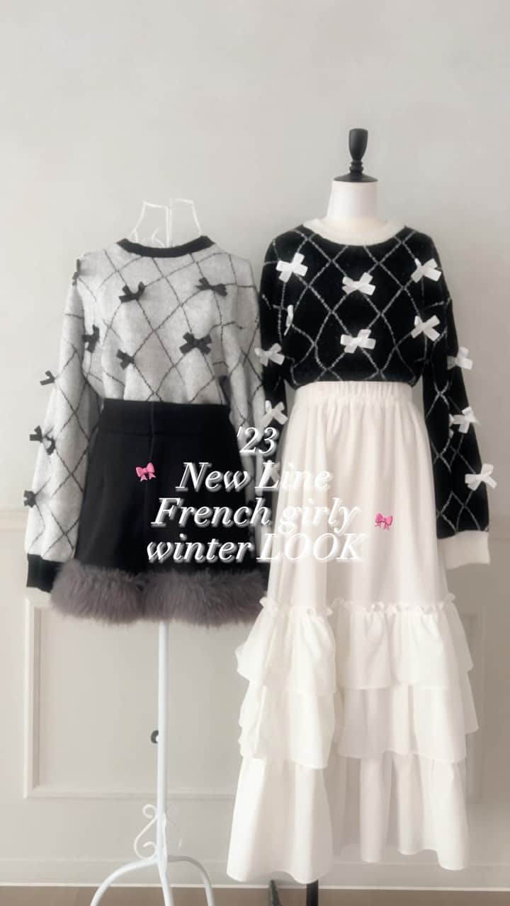 apres jour(アプレジュール) のインスタグラム：「【 '𝟐𝟑 𝐍𝐞𝐰 𝐋𝐢𝐧𝐞 🩰 𝐅𝐫𝐞𝐧𝐜𝐡 𝐠𝐢𝐫𝐥𝐲 𝐰𝐢𝐧𝐭𝐞𝐫 𝐋𝐎𝐎𝐊 🎀 】　11/30(木) 21:00〜 ⁡ この度、apres jourからNew Lineが誕生！✨ みんなも大好きな【フレンチガーリー🎀】 世界観にこだわった商品を展開します！ 隔週での販売となりますので、今後も是非お楽しみに…💘  #リボンダイヤジャガードニット 商品番号🔎986530 サイズ…F/XL ¥4,595(taxin) ⁡ #ケープミニワンピース 商品番号🔎985158 サイズ…F/XL ¥4,995(taxin)  #ライトストーンロゴスウェット 商品番号🔎985156 サイズ…F/XL ¥3,995(taxin) ⁡ ⁡ こちらの画像はインスタ用に加工しておりますので、カラーの雰囲気が実際の商品と異なる場合がございます。 商品ページにてカラーのご確認をお願い致します。 ⁡ #ZOZOでしか買えない #アプレジュール #アプレ部」