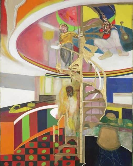 テート・ギャラリーのインスタグラム：「‘The possibilities of paint are never-ending’ - Frank Bowling  #WorkOfTheWeek is Frank Bowling's 'Mirror', on display in Tate Britain's Modern and Contemporary British Art: In Full Colour. 🔶🟢🪑🟥💛  Bowling started 'Mirror' in 1964, completing the work in 1966 when he was 32 years old. He has explained that Mirror was ‘about making a painting.' He combined different approaches to figurative and abstract work, from op art to colour field painting. The artwork features the staircase between the V&A and the old Royal College painting school, where Bowling studied alongside David Hockney, Peter Blake and R.B. Kitaj. Bowling remembers the staircase as a student escape route, and he appears in the painting twice, once at the top and once at the bottom of the stairs. In between stands his then-wife, writer Paddy Kitchen. 'Mirror' speaks to aspiration, belonging and inclusion.  📽️ Click the link in our bio to hear Frank Bowling speak about his painting.  🖼️ Sir Frank Bowling OBE RA, Mirror 1964–6 @FrankBowlingStudio」