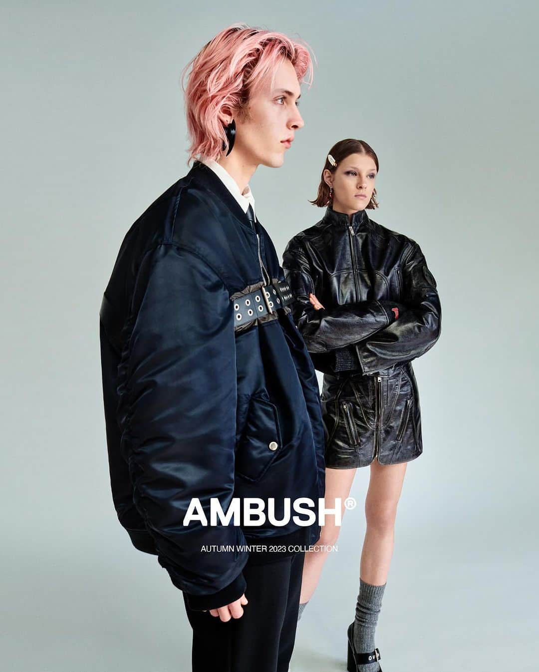 AMBUSHのインスタグラム：「Utilitarian bomber jackets with quintessential #AMBUSH belt detail and Cropped moto-jackets are a staple for the AW2023 season.   Find the latest styles at our WEBSHOP and WORKSHOP」