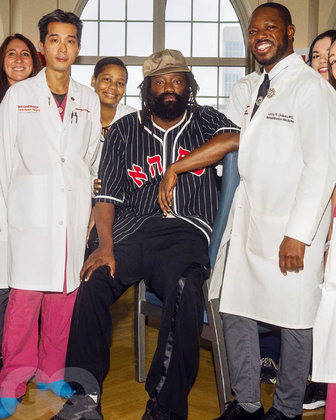 GQのインスタグラム：「Last year, Tremaine Emory was one of the fashion world’s most prolific new superstars, juggling a high-profile position at Supreme with his own brand, @denimtears, when a serious vascular event almost killed him. Now, the iconoclastic designer known for channeling powerful histories of the Black experience is finally telling his own story—and reuniting with the medical team who saved his life.  Read @tremaineemory’s profile, as featured on GQ’s Men of the Year issue, at the link in bio.   Written by @mikaelawake Photography by @jason_nocito_studio Location: @nyphospital」