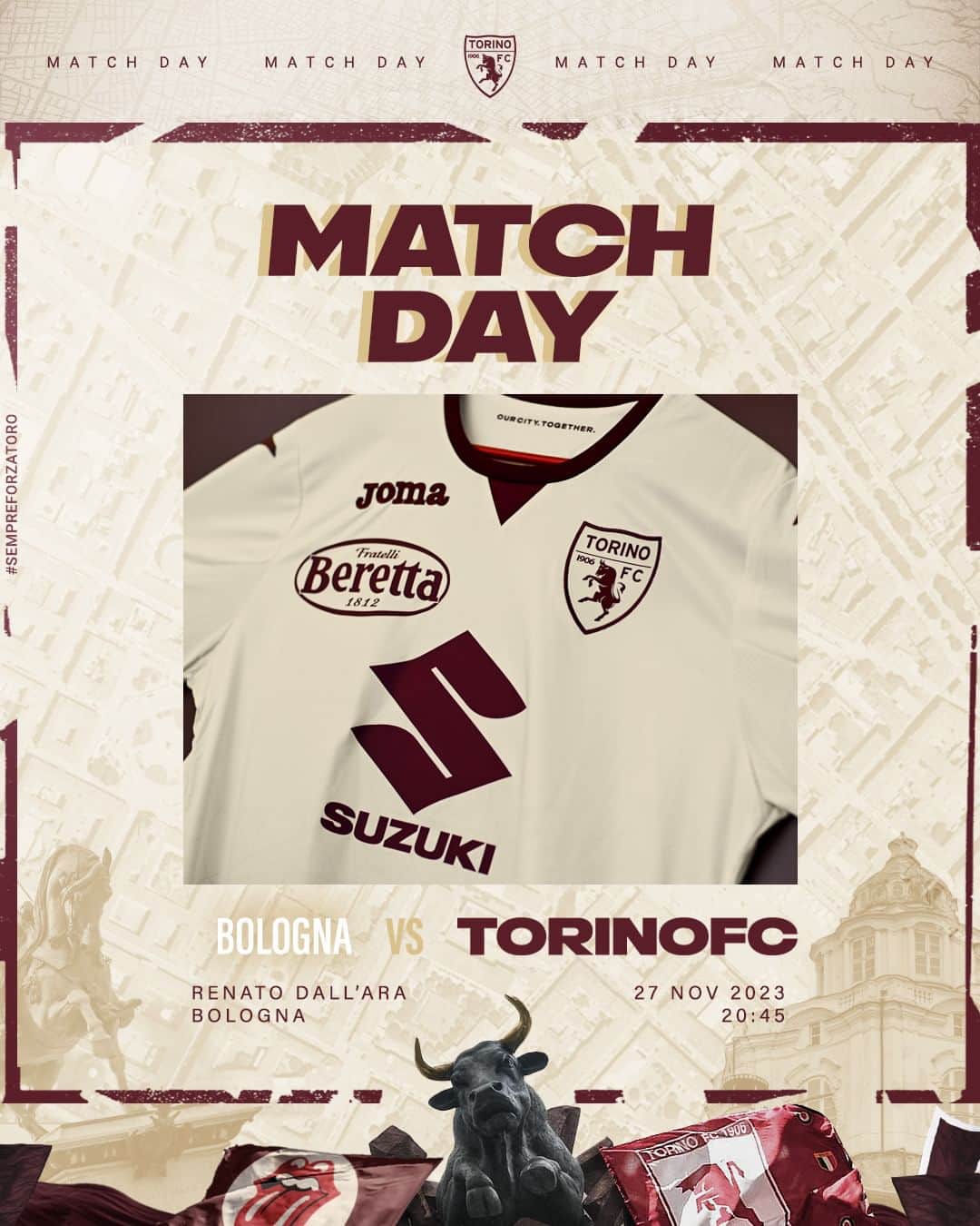 トリノFCのインスタグラム：「Questa sera siamo ospiti al Dall'Ara di Bologna ⚔️  #SFT | #BolognaTorino」