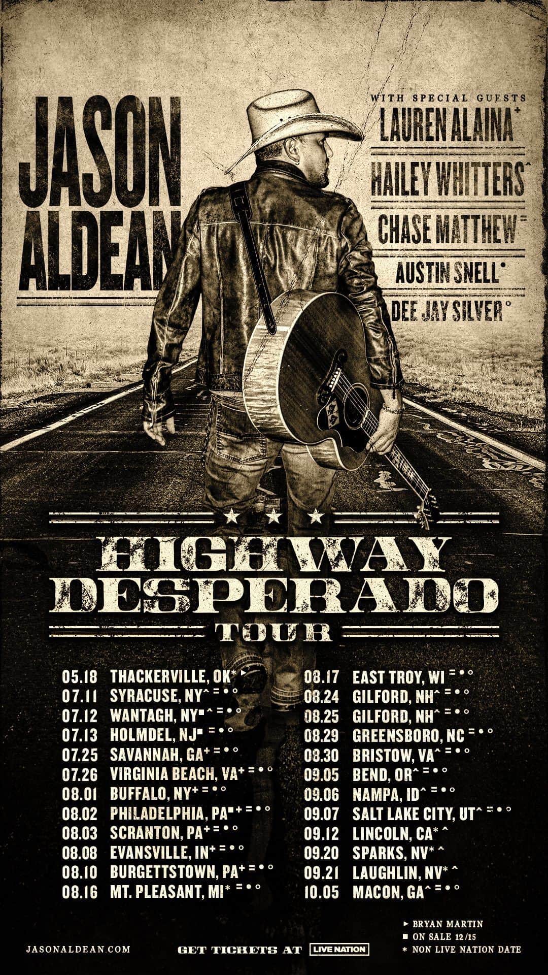 ジェイソン・アルディーンのインスタグラム：「HIGHWAY DESPERADO TOUR 2024 - LET’S GO! 💥  Tickets on sale THIS Friday, Dec 1 at 10am local venue time.  Aldean Army fan club members, u guys are up first for tickets! 🔗 in bio.」