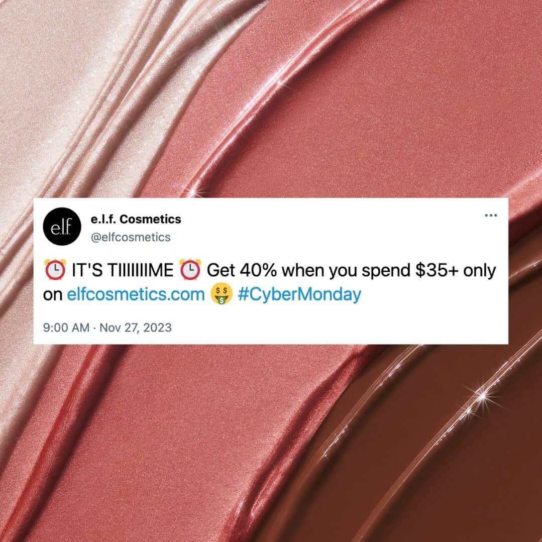 e.l.f.のインスタグラム：「CYBER MONDAY STARTS NOW on elfcosmetics.com! 🛍️  Beauty Squad Loyalty Program members (it's free & easy to join!) get: 🙌 40% off orders $35+ 💄 A FREE full-size gift when you spend $45+  🚀 FREE SHIPPING!  Use our #linkinbio to shop on elfcosmetics.com! 🤑 AND, sign up for our Beauty Squad Loyalty Program - it's free & easy to join! 😍  What are you picking up?! Tell us in the comments 👇   #elfcosmetics #eyeslipsface #elfingamazing #crueltyfree #vegan」