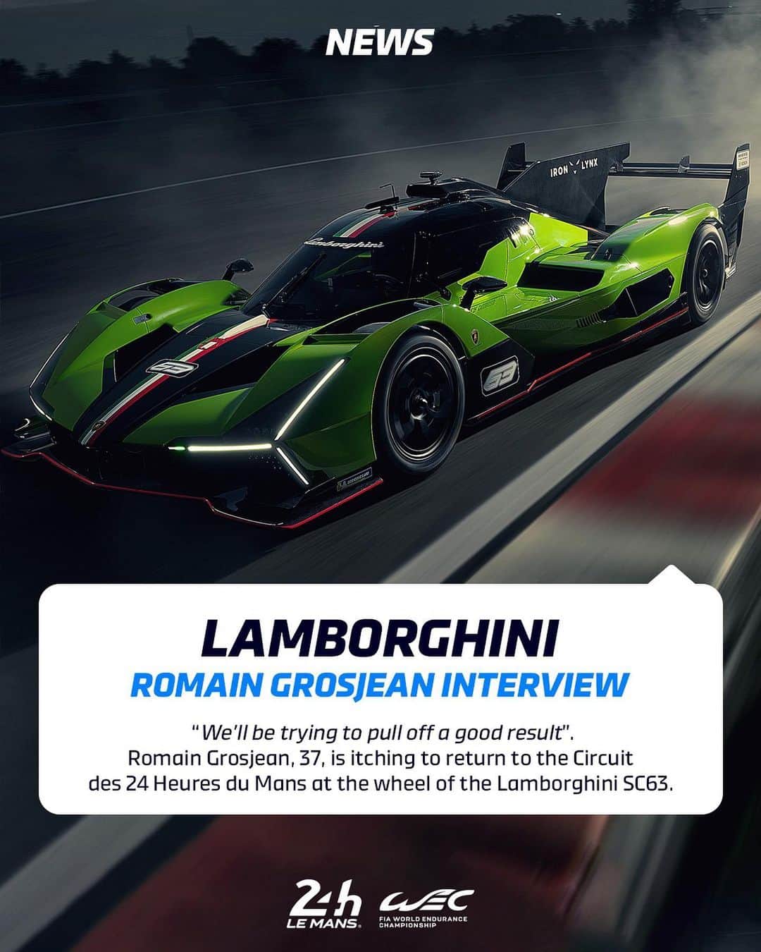 ロマン・グロージャンのインスタグラム：「Ambitious Romain Grosjean will soon be back at the 24 Hours of Le Mans with a new team: Lamborghini Iron Lynx.  Read all about it in the story 😁」