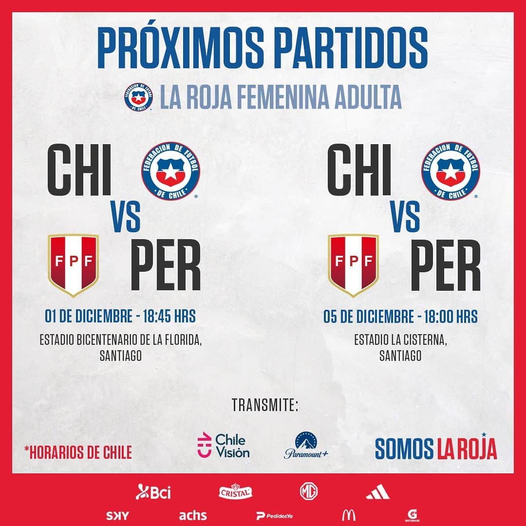 サッカーチリ代表チームのインスタグラム：「🤩🔜 ¡#LaRojaFemenina 🇨🇱 vuelve a la cancha!  💪 Este 1 y 5 de diciembre, las dirigidas por Luis Mena se medirán ante Perú 🇵🇪.  🎟️ Pronto en @puntoticket 📺 @chilevision y @paramountplus   #SomosLaRoja #SoyLaRoja」