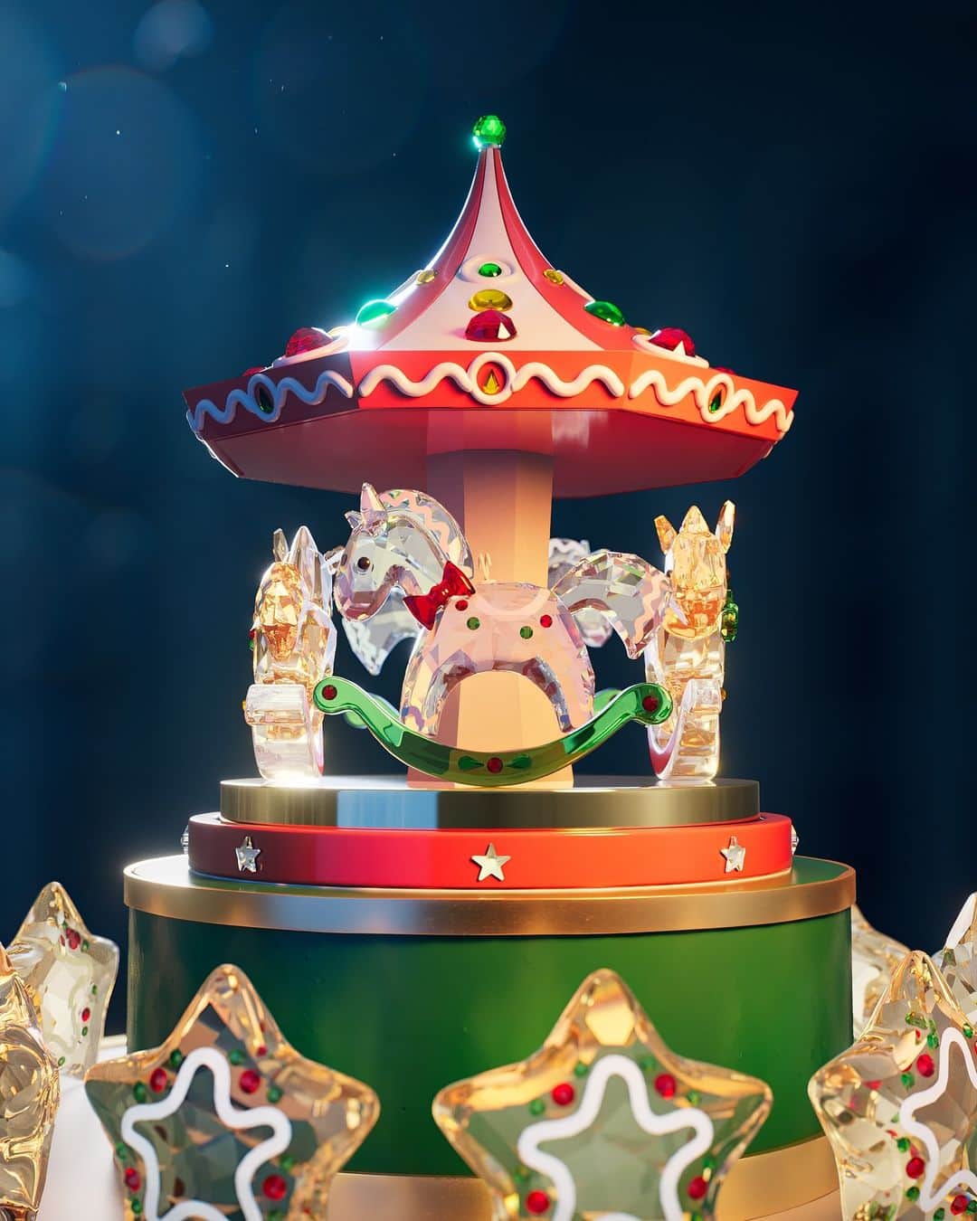 SWAROVSKIのインスタグラム：「​Awaken memories of festive markets filled with joyful music, twinkling lights, and seasonal aromas with #SwarovskiHolidayCheers Carousel and Gingerbread Star Ornaments.  #Swarovski #SwarovskiHome  #CelebrateWonder​​」