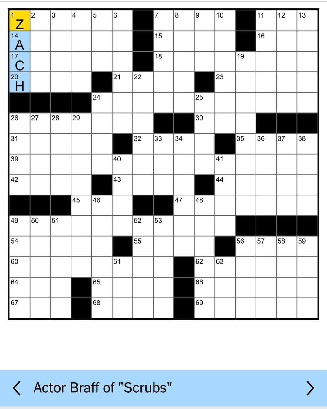 ザック・ブラフのインスタグラム：「New York Times Crossword puzzle today. I’ll help you get started with the first clue.」