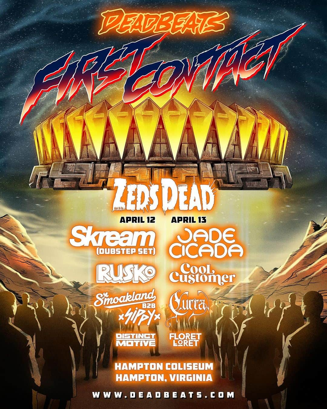 Zeds Deadのインスタグラム：「Super proud to present the lineup for FIRST CONTACT!  We are blown away by how fast you all sold out the secret Cyber Monday presale we dropped this morning. The public pre-sale goes live this Thursday and onsale Friday!」