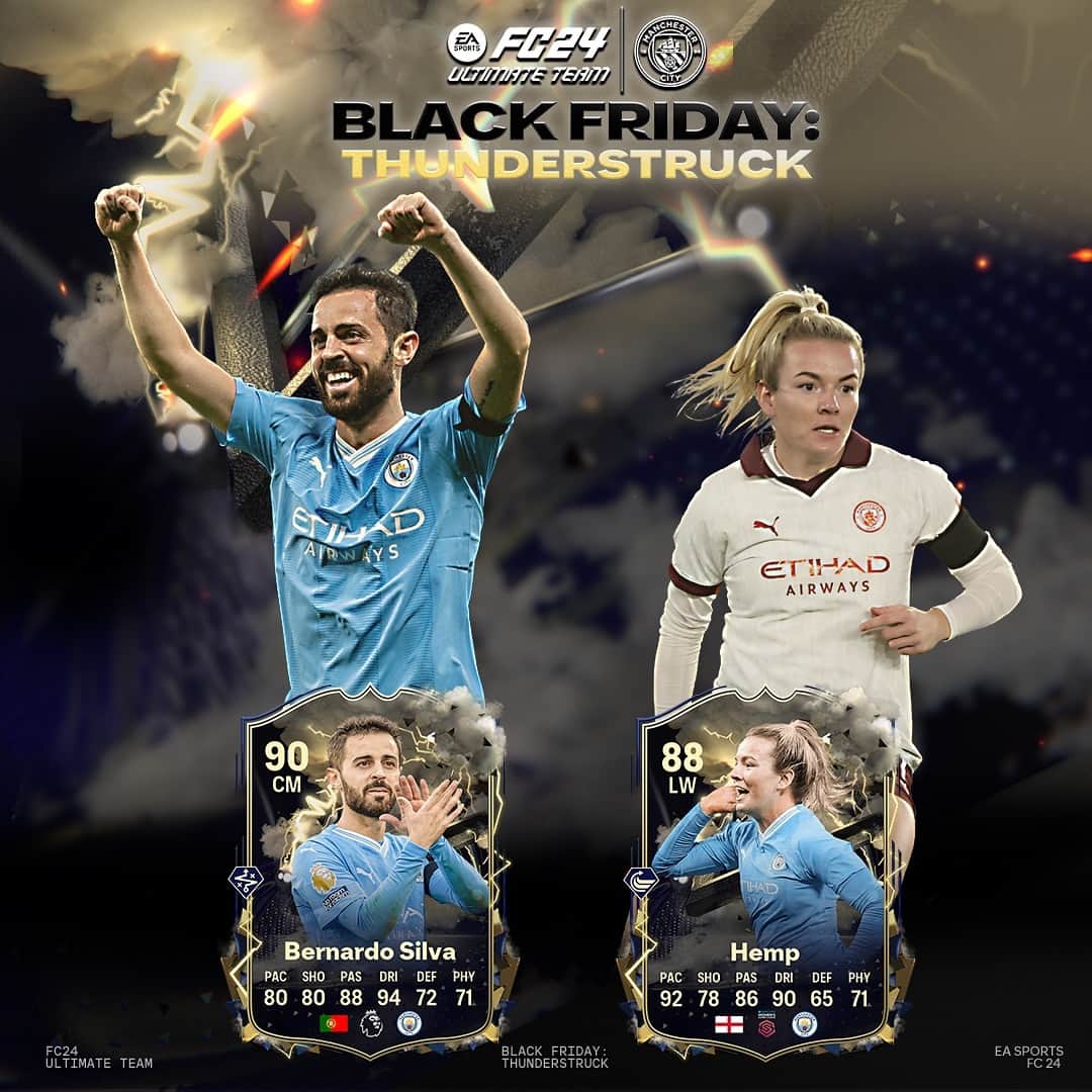 マンチェスター・シティFCのインスタグラム：「@bernardocarvalhosilva and @lauren_hemp receive special dynamic items in @easportsfc! ⚡️  ➕ Potential for in-game upgrades based on real-world performances! 🎮🔥   #FC24 | #Thunderstruck」