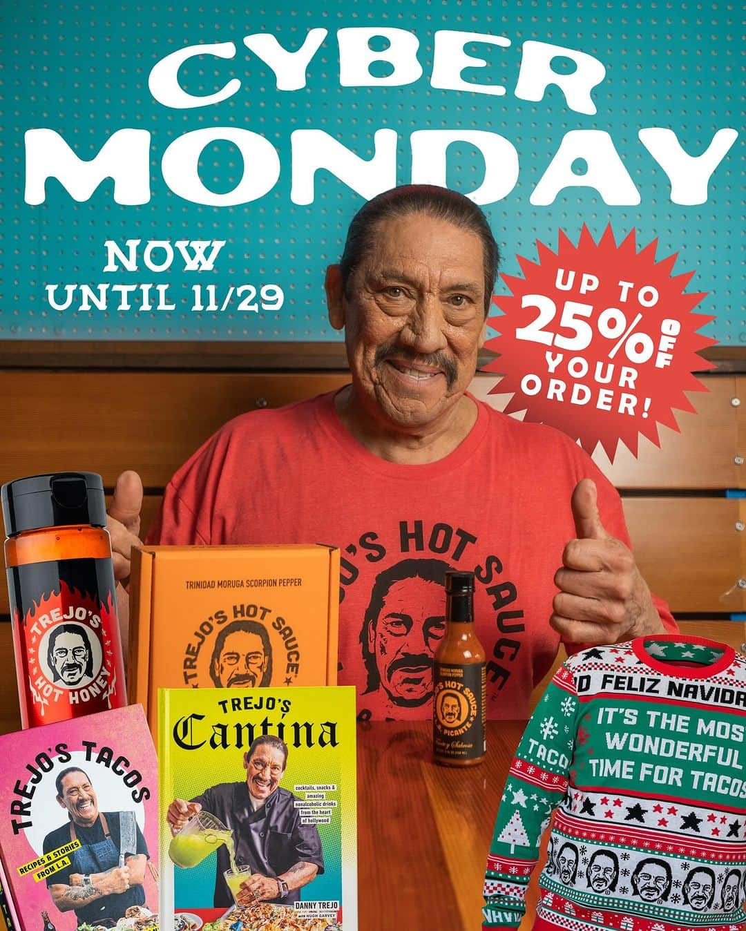 ダニー・トレホのインスタグラム：「Hurry! Last Chance for Cyber Monday: Trejo’s Tacos Sale Ends Soon!  🌮✨ Dive into Trejo’s Tacos Cyber Monday Sale ✨🌮  Where every click leads to savory savings!  Start saving now until 11/29  The more you spend the more you save!  15% off $50 20% off $80 25% off $100 your Trejo’s order!  Visit the link in our bio to start shopping! ***Auto applied at checkout, no codes.***  #trejostacos #trejosdonuts #trejoscoffeeanddonuts #trejoscantina #trejoscerveza #dannytrejo #tacos #margaritas #frozenmargaritas #tequila #happyhour #burritos #quesadilla #tostadas #uglychristmassweater #christmas #xmas」